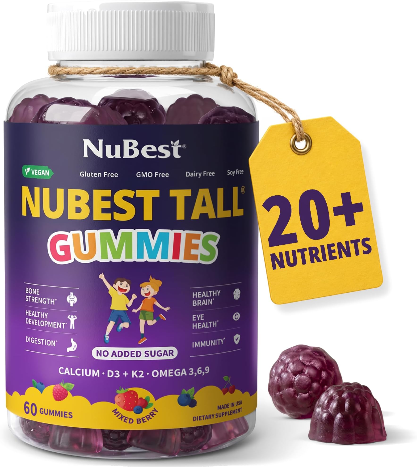 NuBest Tall Gummies for Kids 2+ & Teens, Sugar-Free Growth Support Vitamins