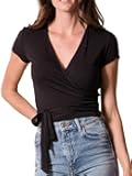 Womens Crop Tops Summer Short Sleeve Deep V Neck Wrap Top Slim Fit Cute Criss Cross Tie Up Front Shirts