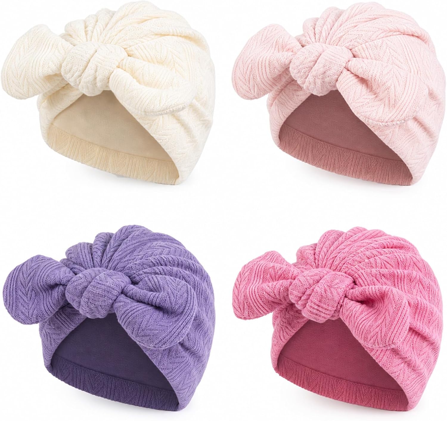4Pack Preemie Hats Soft Ribbed Knit Baby Girl Turban Bow Hospital Caps | baby bonnets for premature infants, textured wheat ear knit in 4 retro colors, gentle warmth for baby girls