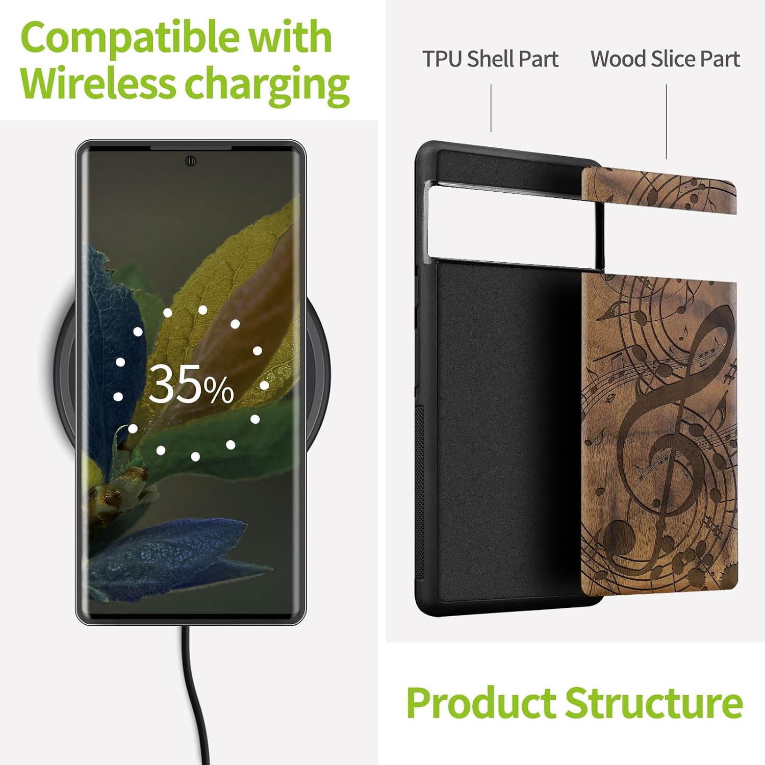 Carveit Wood Case for Pixel 8 Pro Case [Natural Wood & Black Soft TPU] Shockproof Protective Unique Wooden Cover Compatible with Google Pixel 8 Pro (Musical Notes-Walnut)