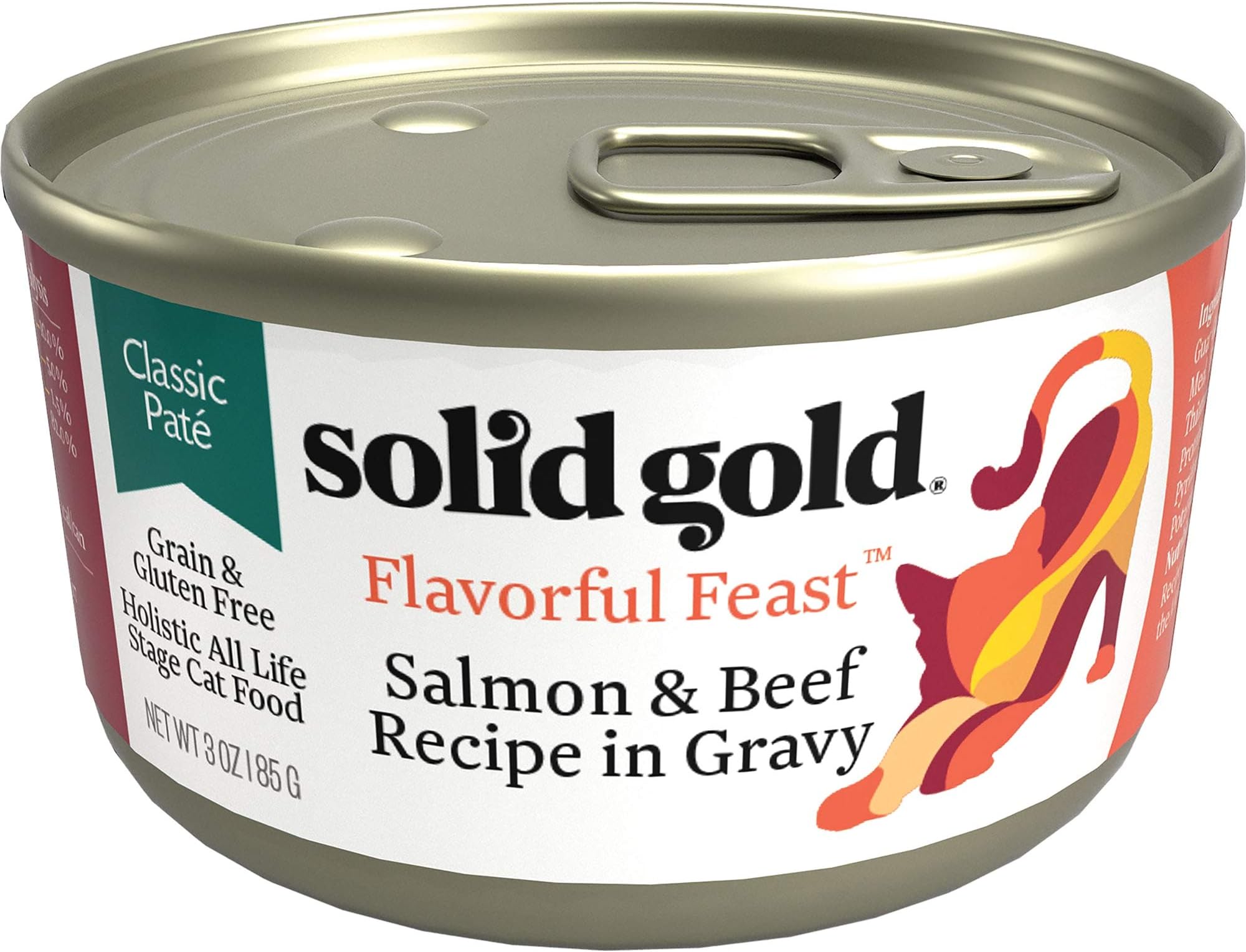 Solid Gold Flavorful Feast Salmon & Beef Recipe in Gravy Holistic Grain Free Canned Cat Food, 3 oz., Case of 12, 12 X 3 OZ