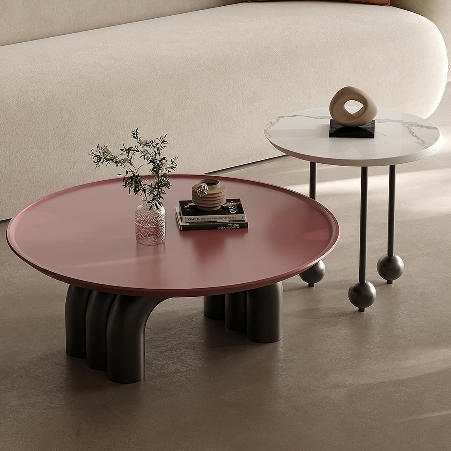 Round Coffee Table Set of 2, 35in+20in Nesting Table, Heightened Edge Design, Stacking Side Tables for Small Space, Office, Bedroom, Red
