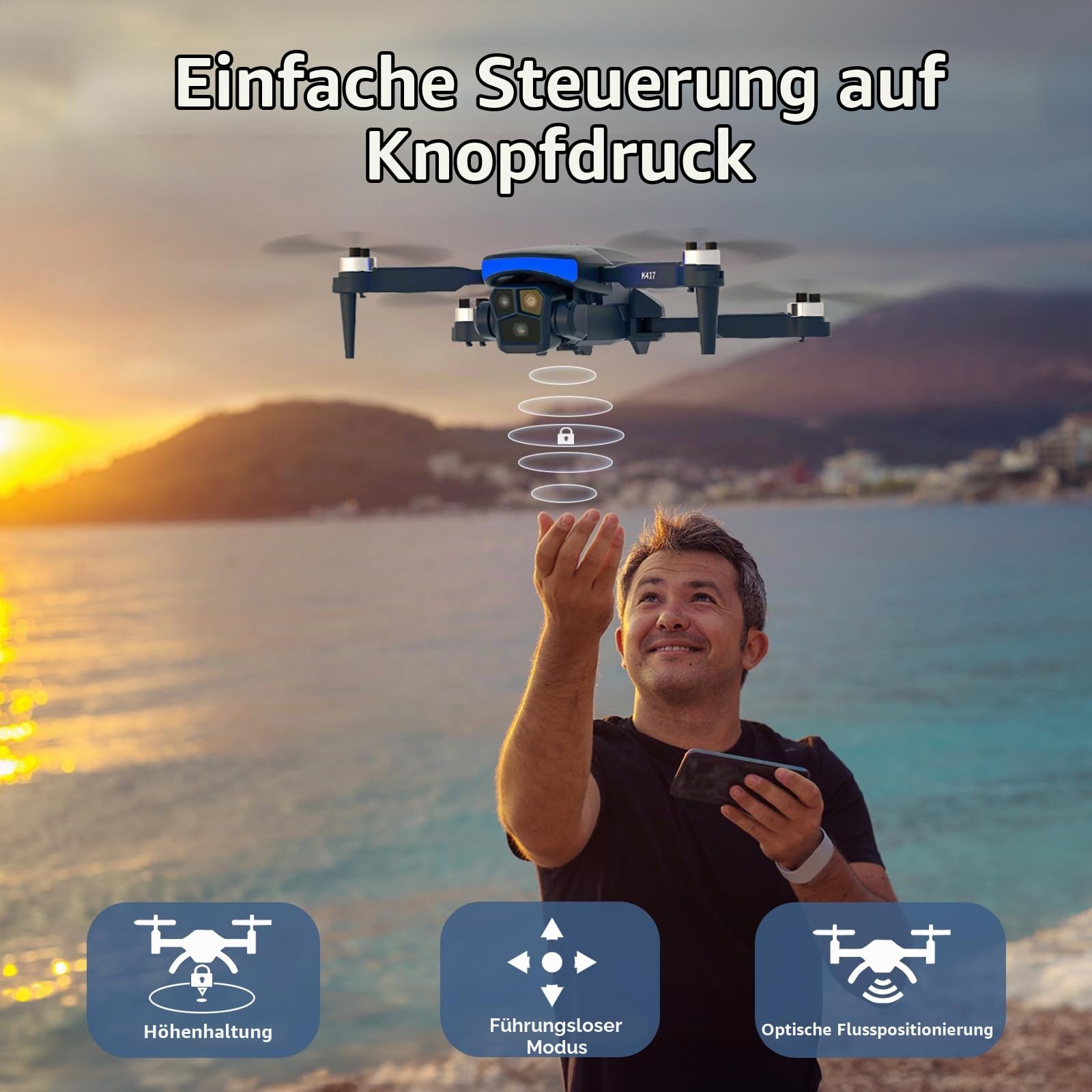 Drohne mit LED Blau Lampe, Bürstenloser Motor Drohnes mit HD 1080P Kamera Drohne für Anfänger,Mini RC Quadrocopter mit FPV 5GHZ WiFi Übertragung, 3D Flip,Höhenhaltung,Modulare Batterie