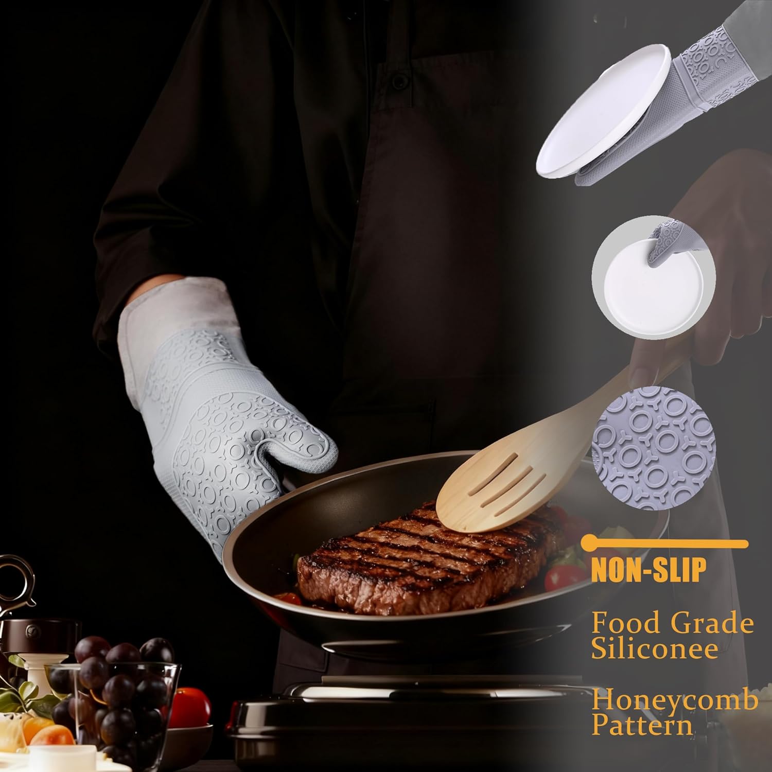 6PCS Silicone Oven Mitts and Pot Holders Sets for Kitchen, Extra Long Oven Mitts Heat Resistant, Non-Slip Oven Gloves with Hot Pads and Kitchen Mitts Set for Baking Cooking (Grey) - Image 6