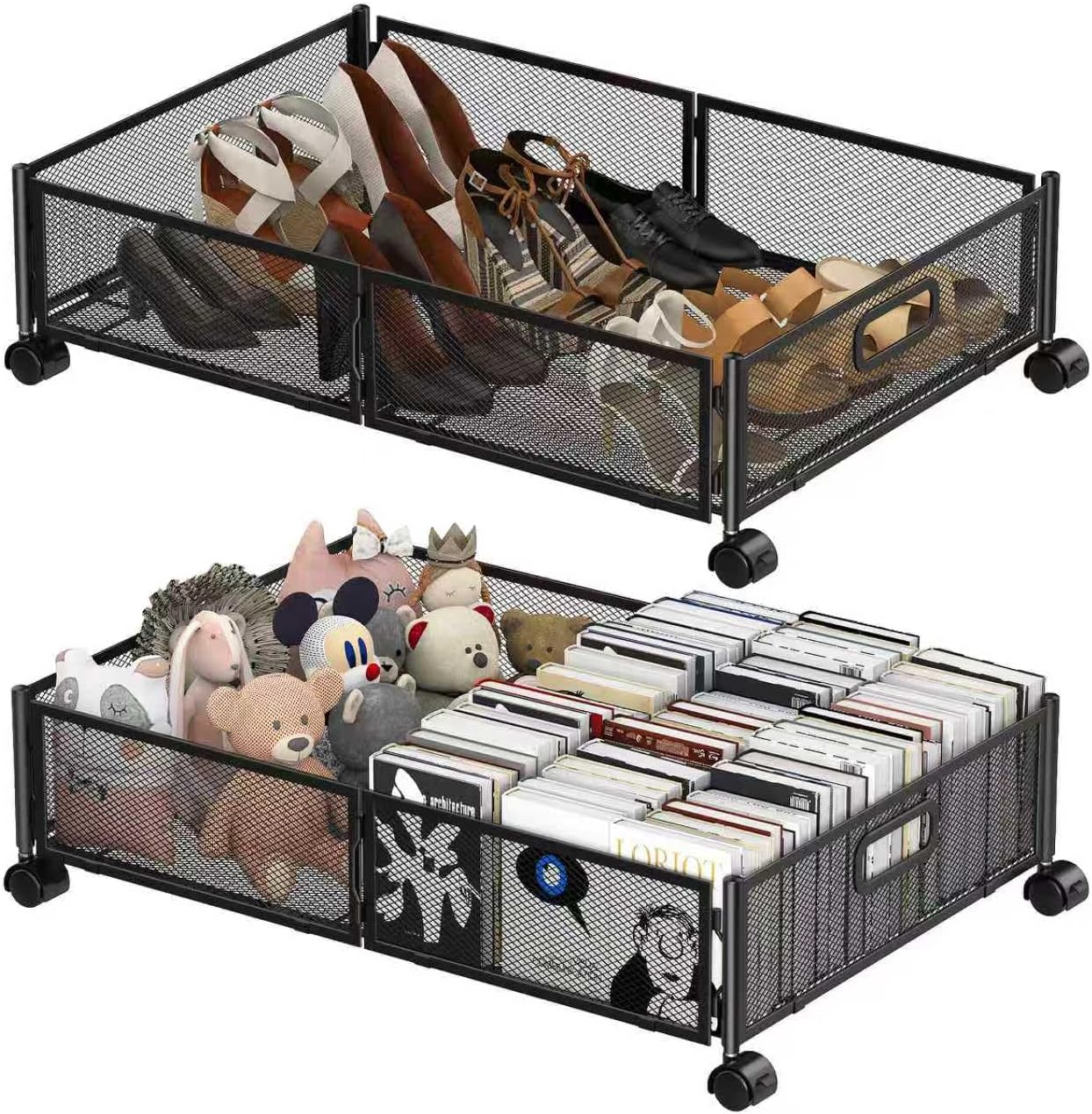 Contenedores de Almacenamiento Bajo la Cama, Paquete de 2 Contenedores Plegables con Mangos y Ruedas, Organizador de Zapatos y Ropa para Cama, Almacenamiento Bajo la Cama de Fácil Montaje para Juguetes, Ropa de Cama, Dormitorio (Negro)