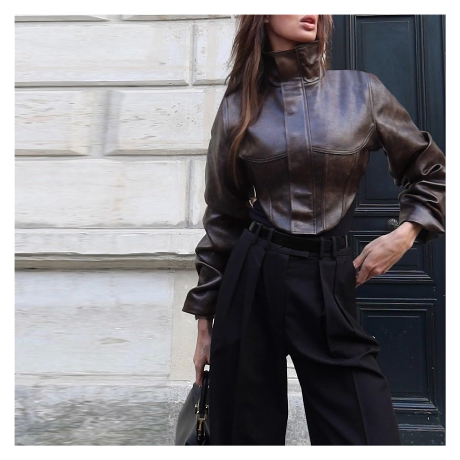 Veste Courte En PU À Col Haut Et Fermeture Éclair Unie