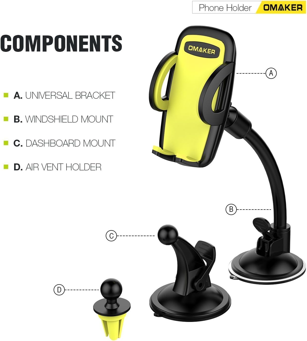 Omaker Car Mount Holder 3-in-1 Air Vent Cell Phone Holder Cradle Dashboard Windshield Universal for iPhone 7, 6, 6S, Samsung