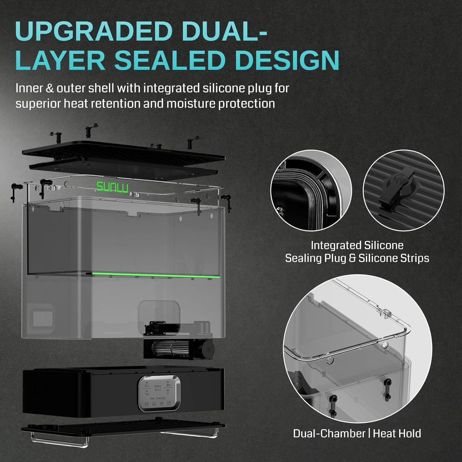 Sploda view of the SainSmart E2 Filament Dryer Box showing its dual-layer sealed design.