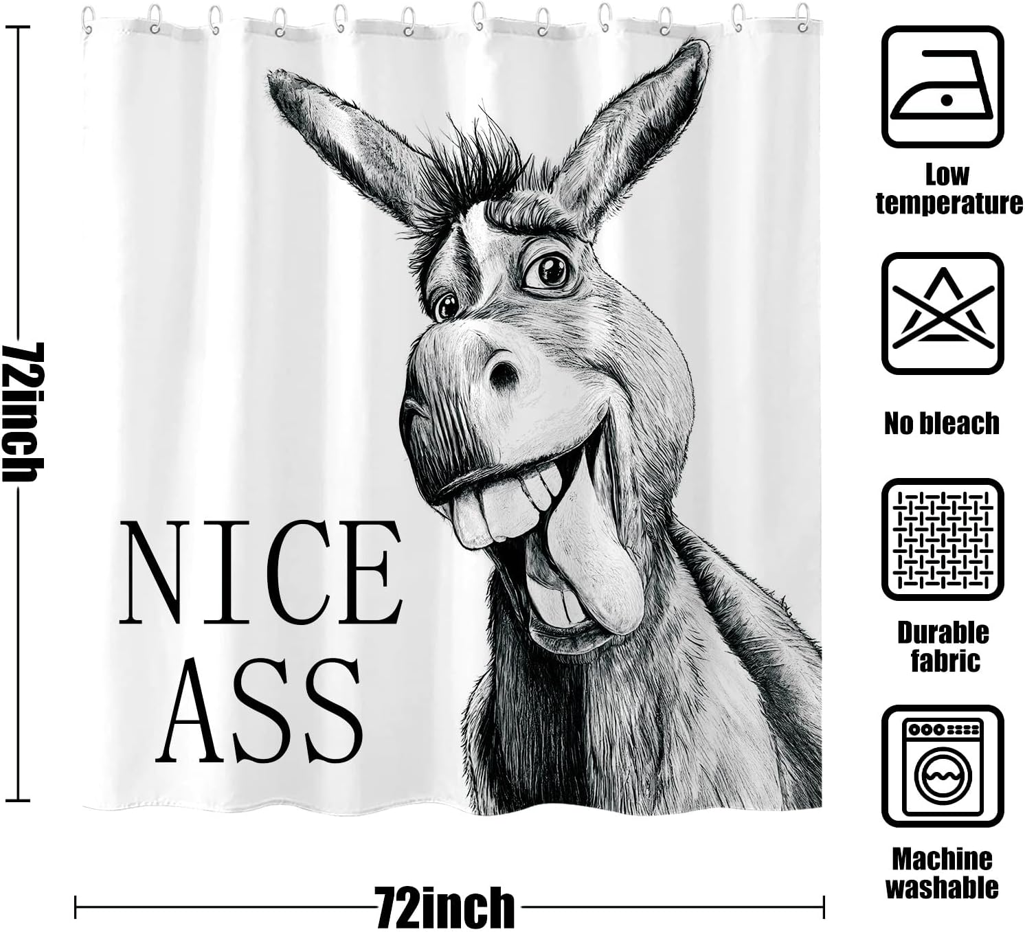 Funny Donkey Shower Curtain Rustic Farmhouse Shower Curtains for Bathroom Black and White Fun Cute Animal Wildlife Waterproof Fabric Bath Curtain Decor 72 X 72 Inch