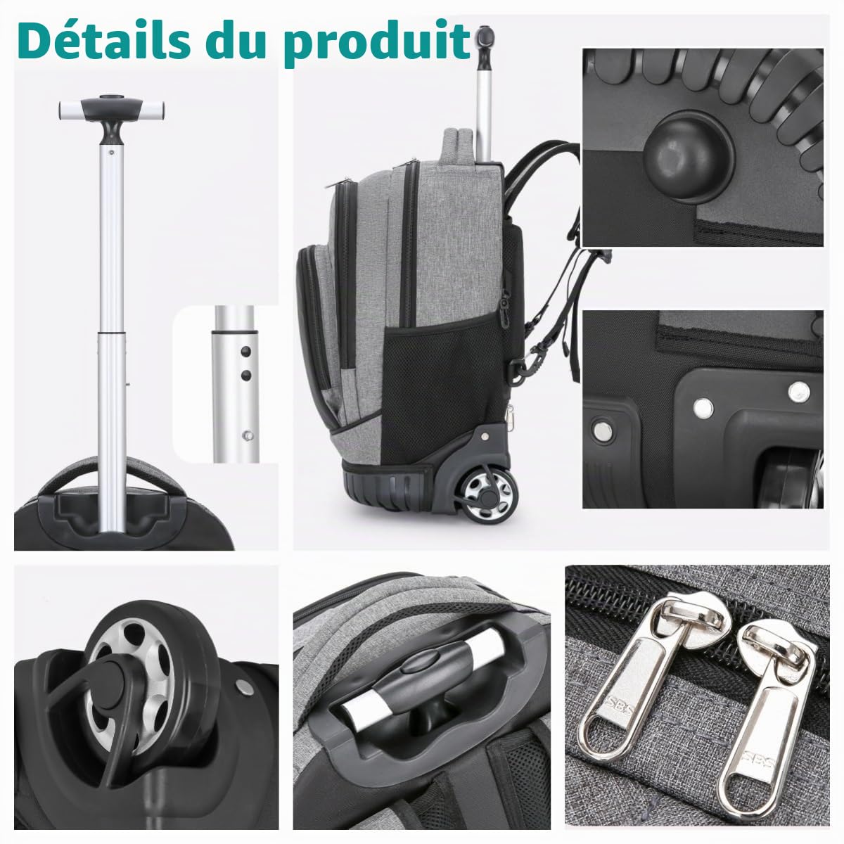 Sac à Dos à Roulette Garçon, Sac Ecole Trolley pour Primaire et Secondaires, Cartable a Roulette Garçons Filles, Noir