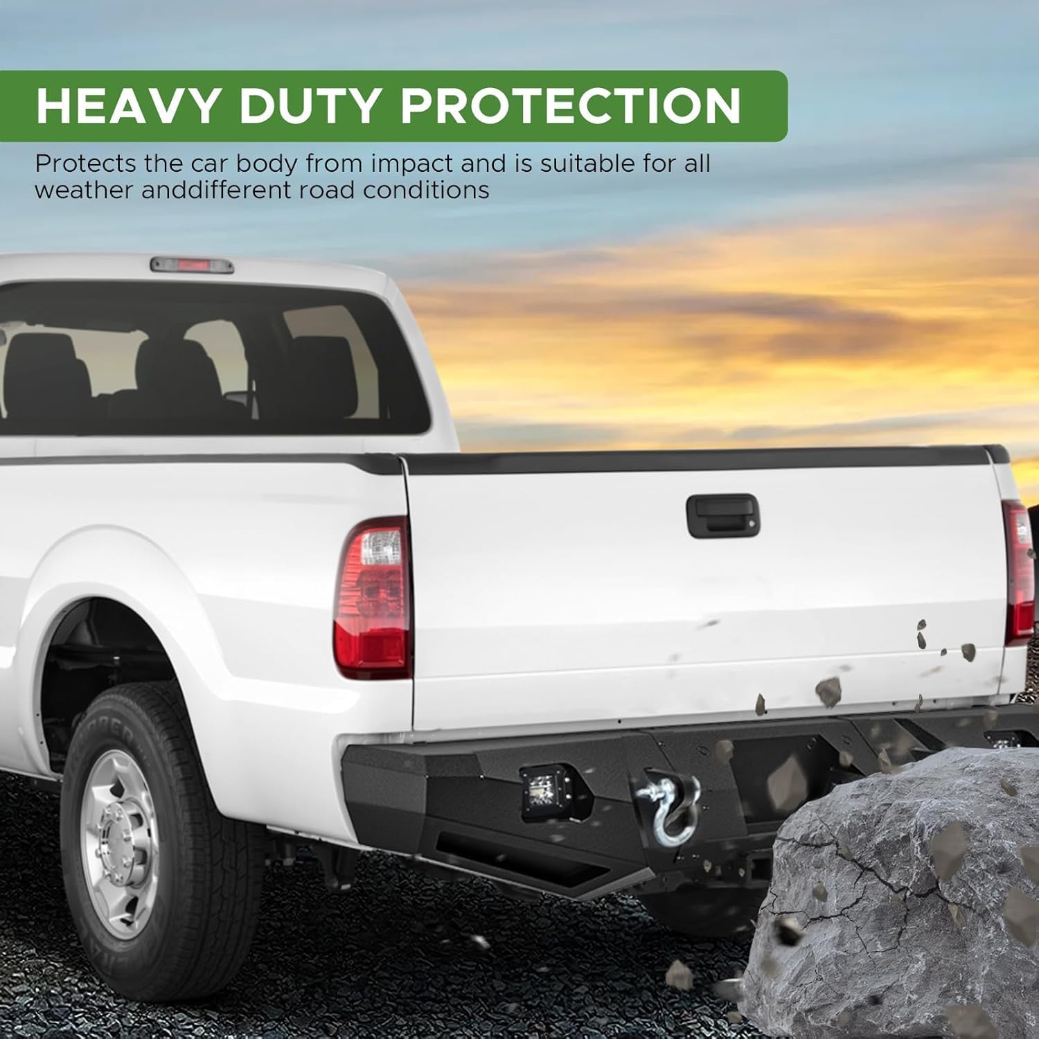 Off Road Rear Bumper Fits for Ford F250 F350 F450 Super Duty 1999-2016 Back Bumper with 2 Lights, 2 D-Rings, 4 Sensor Holes, License Plate Bracket Heavy Duty Steel Rock Crawler (2Packages)