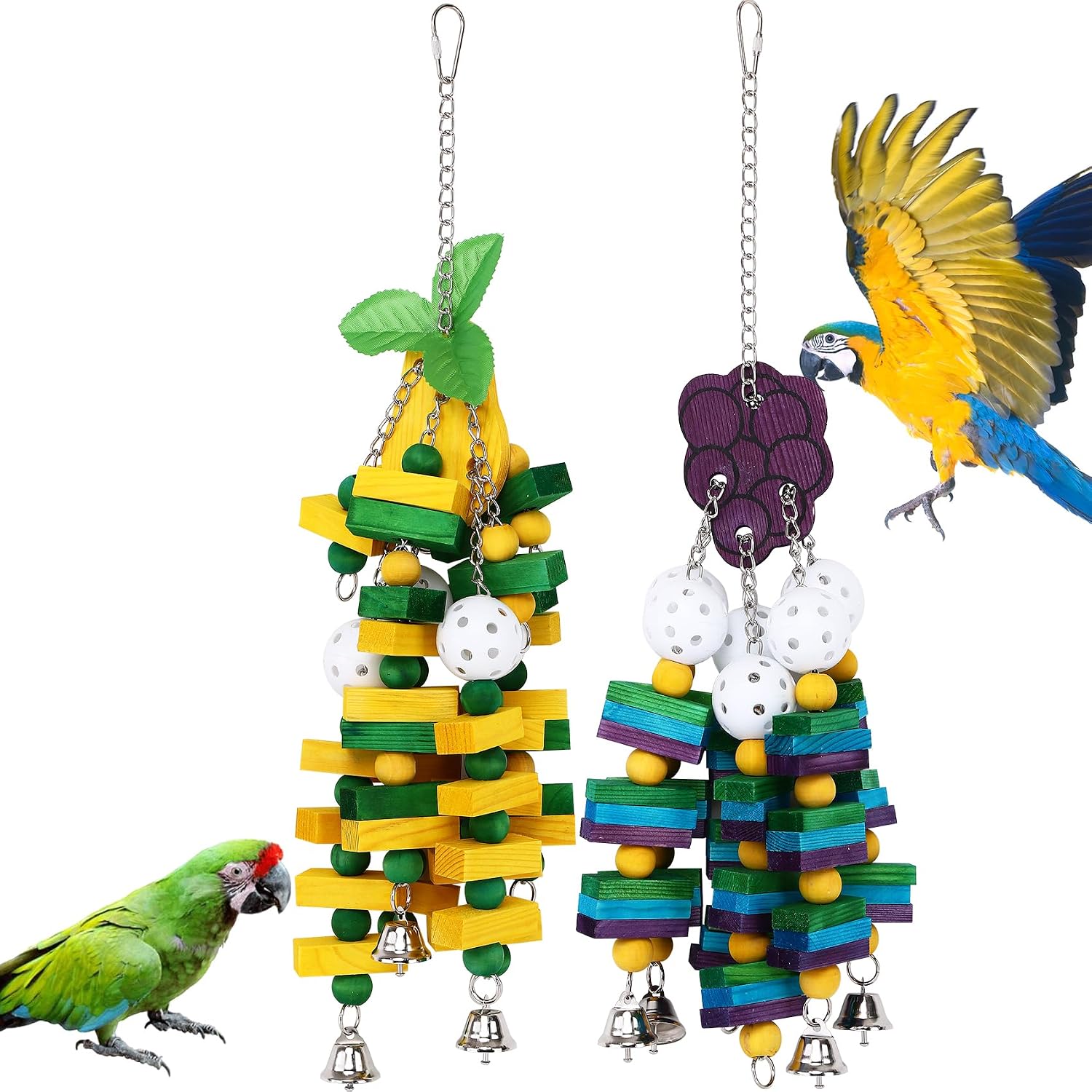 2-Pack Natural Wood Bird Toys for Parrots – Chew & Climb Toys for Medium to Large Parrots, Macaws, African Greys & Cockatoos – Durable Enrichment Toys for Beak Exercise & Mental Stimulation
