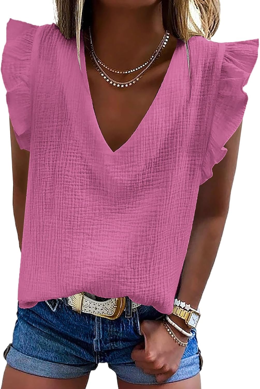 Dokotoo Womens Summer Tanks Tops Dressy Casual Sleeveless Top Fashion 2025 Cute V Neck Shirts Casual Ruffled Tunic Loose Fit Blouses Rose Large