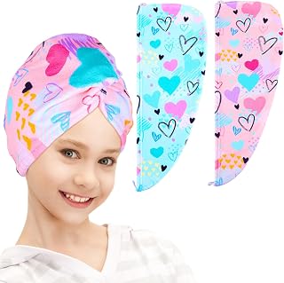 FIOBEE Microfiber Hair Towel Wrap for Kid Girls Rapid Drying Hair Turbans | Absorbent & Soft Hair Wrap Towel, Easy Wear On With Button, For Girls Women Long Curly Hair, Turbie Twist Hair Towels