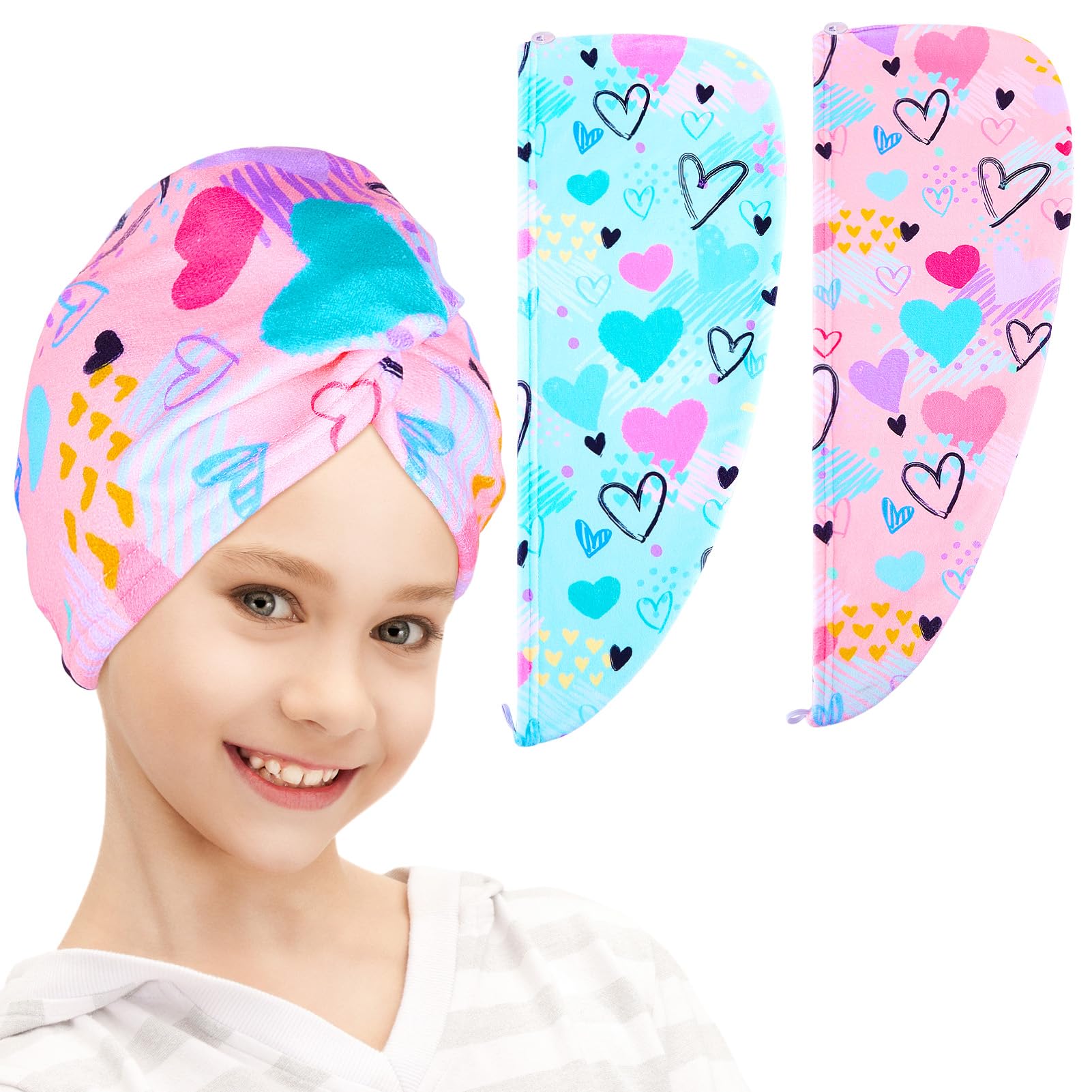 FIOBEE Microfiber Hair Towel Wrap for Kid Rapid Drying Towel Absorbent Hair Turbans for Wet Hair with Button Women Girls Long Curly Hair Pack of 2,
