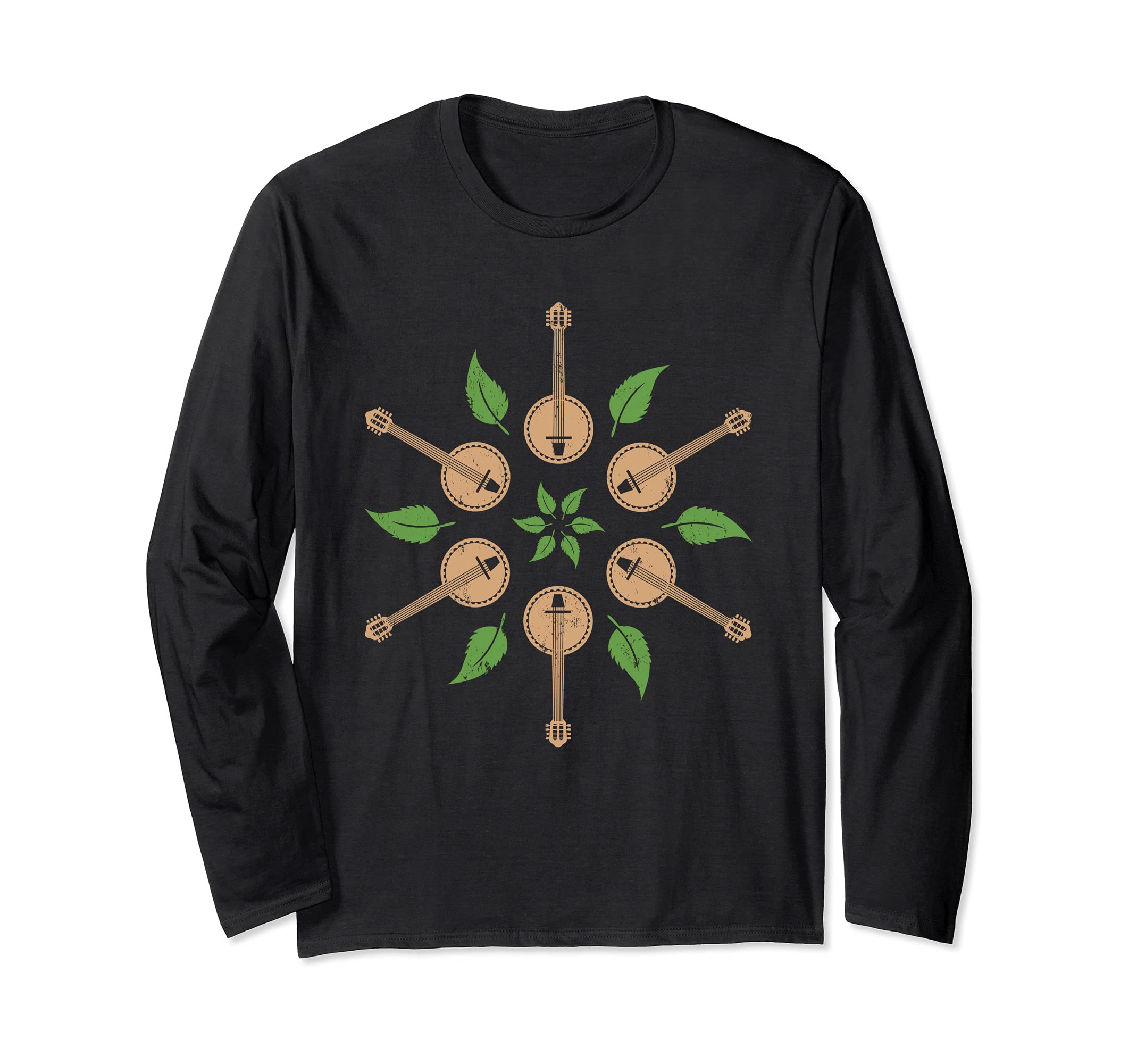 Banjo Mandala Bluegrass Banjo Guitar Long Sleeve T-Shirt, Black