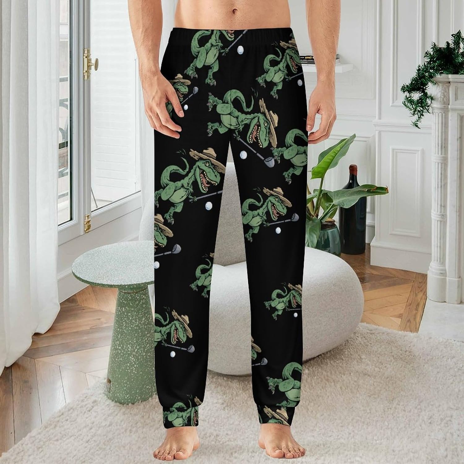 Funny Dinosaur Golfing Pajama Pants for Men Soft Lounge Pants Casual Sleepwear Bottoms