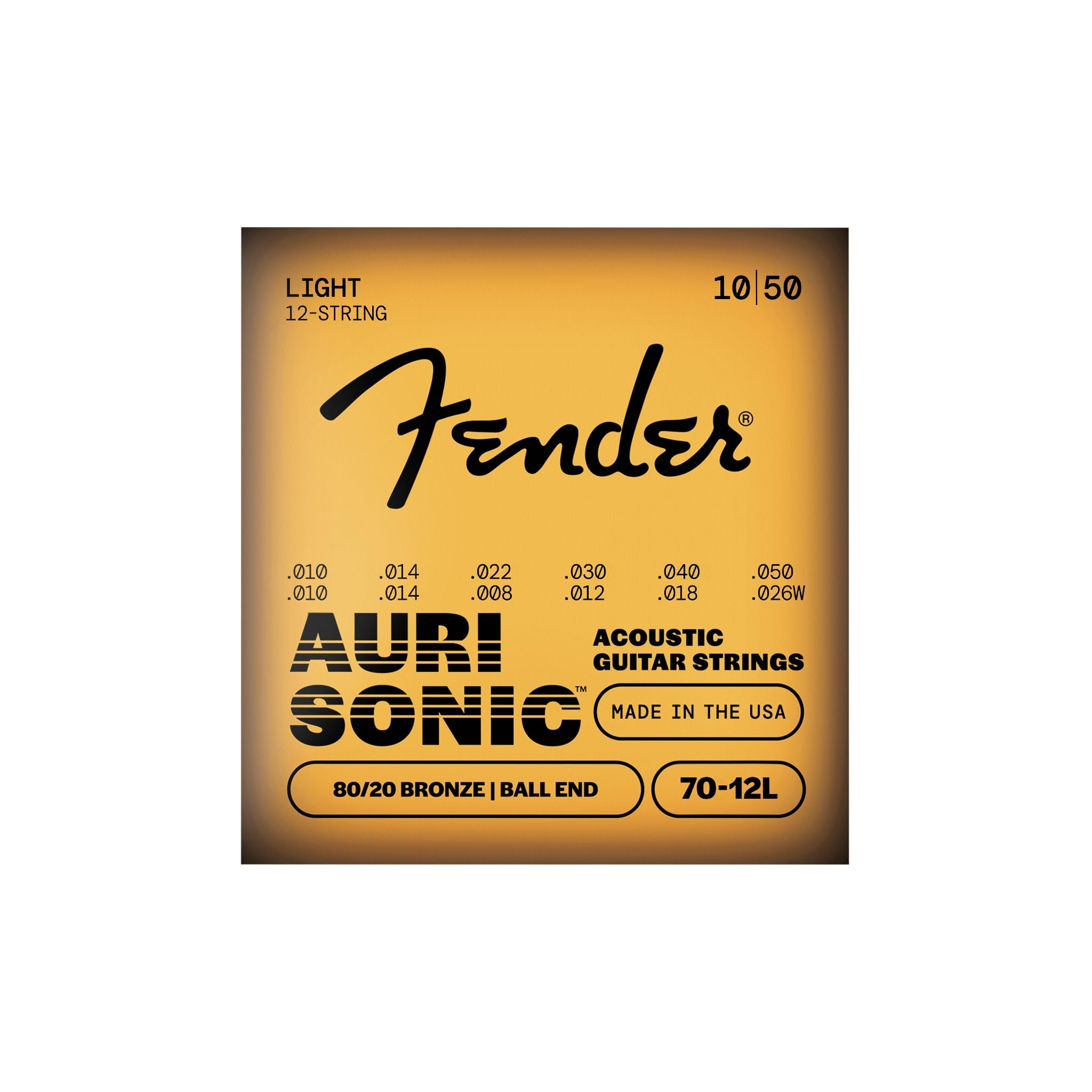 Fender 80/20 Bronze Acoustic Guitar Strings for 12-string Guitar, Ball End, 70-12L .010-.050 Gauges, (12)