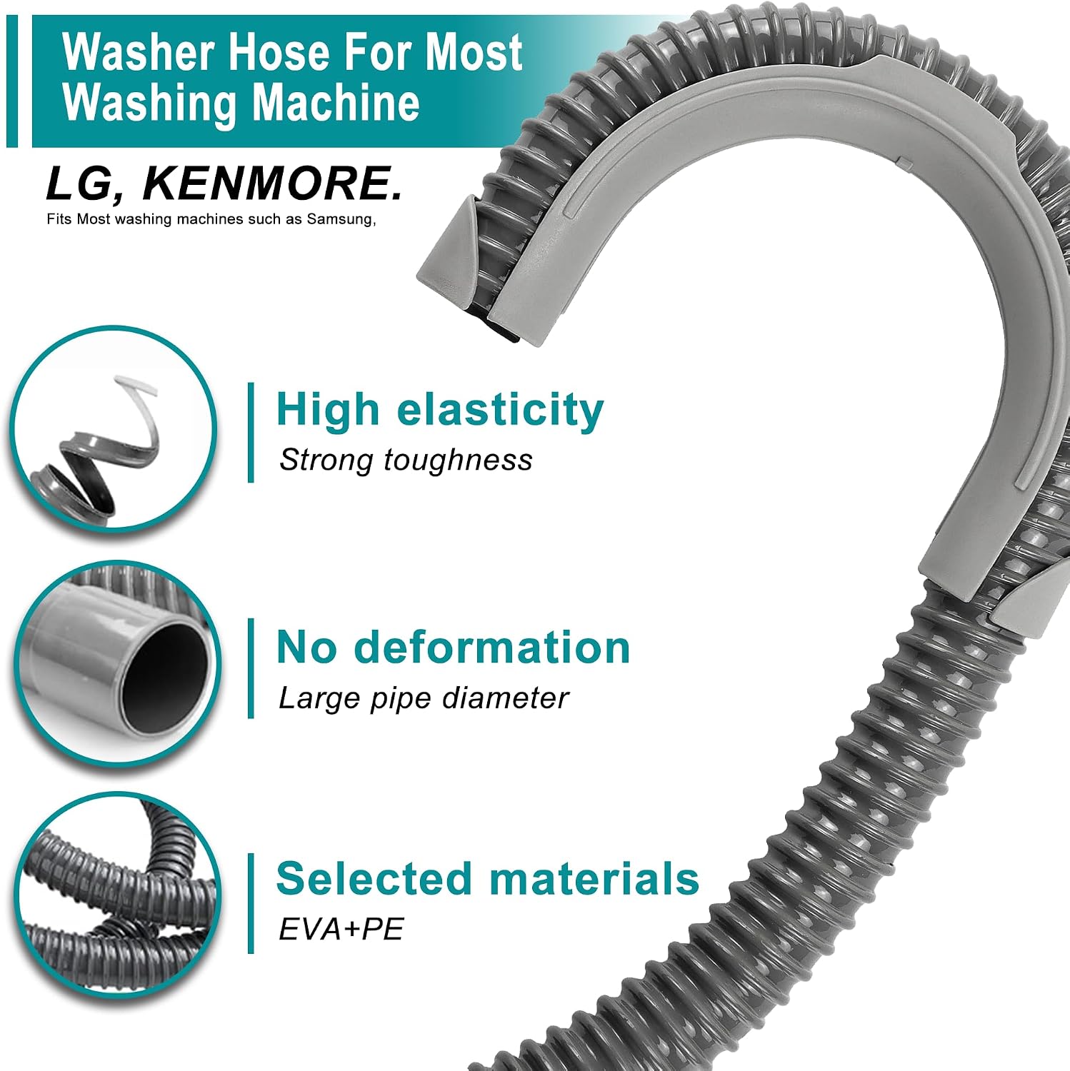 TOMOON 8Ft Universal Washing Machine Drain Hose Flexible Extension Hose with Clamp,Industrial Grade Polypropylene Corrugated,Fit for Most Household Washing Machines(10-Years Warranty)