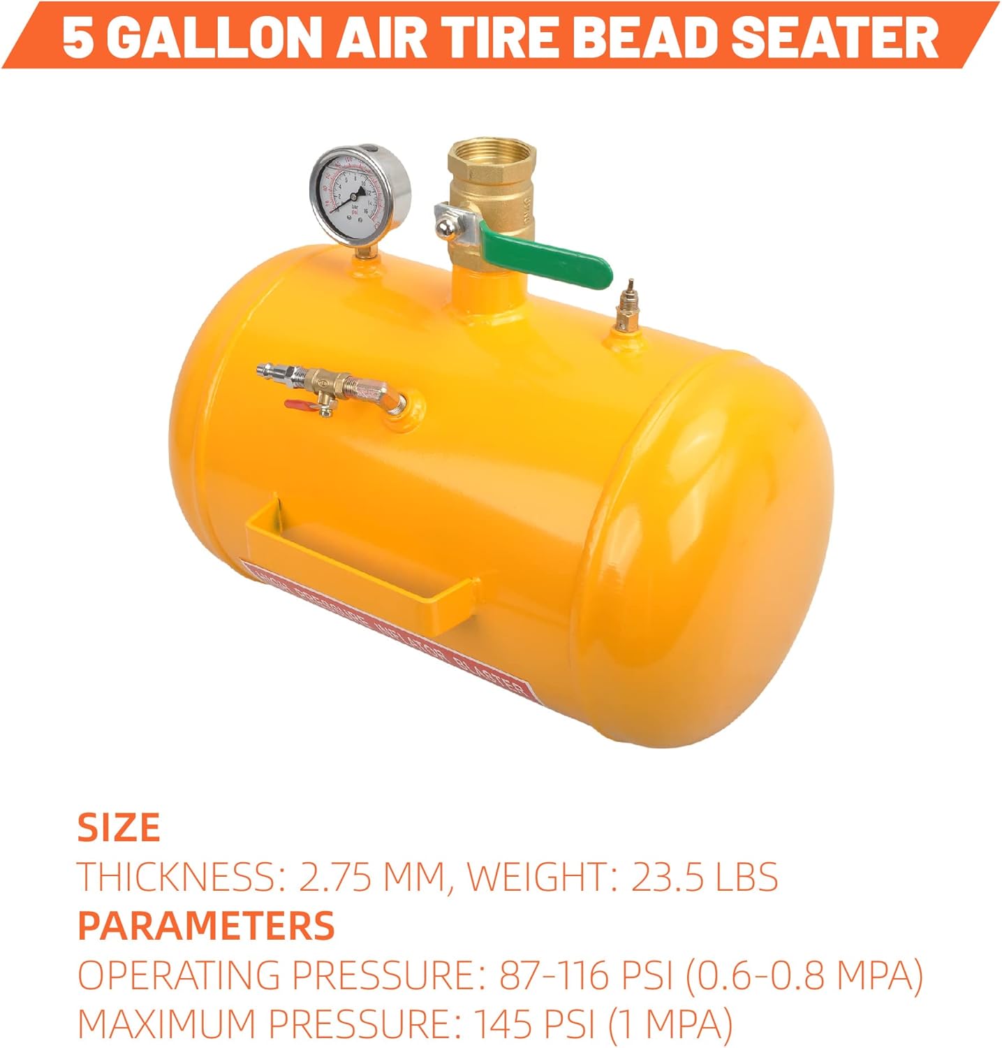 5 Gallon Air Tire Bead Seater 110 PSI Blaster Tool Seating Tire Inflator with Gauge Car Truck ATV Tractor Tank Heavy Duty (Yellow)