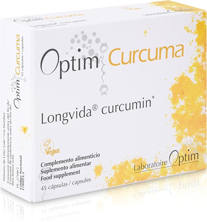 OPTIM Curcuma - Curcumina Longvida 45 Cápsulas - Suplemento de Extracto de Cúrcuma concentrado de alta absorción - sin Pimienta Negra - Sin Soja - Para Articulaciones, Fatiga y Digestión