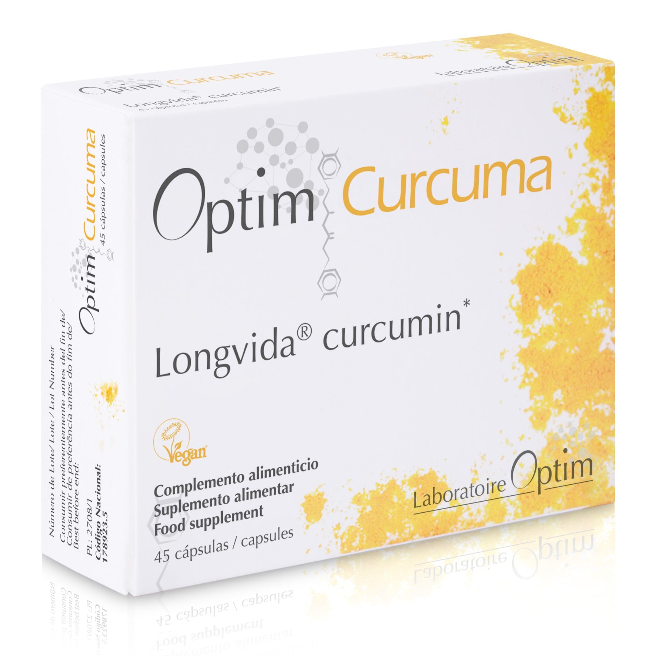 OPTIM Curcuma - Curcumina Longvida 45 Cápsulas - Suplemento de Extracto de Cúrcuma concentrado de alta absorción - sin Pimienta Negra - Sin Soja - Para Articulaciones, Fatiga y Digestión