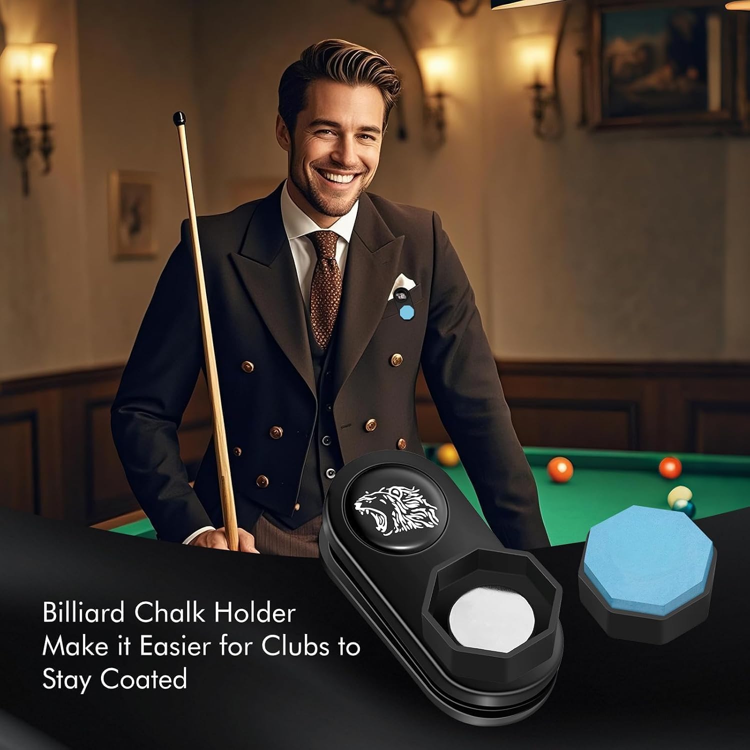 Magnetic Chalk Holder Octagon, Portable Magnetic Pool Chalk Holder, Pool Cue Chalk Holder with Fixed Clip, Silent Billiard Chalk Holder Accessories Magnetic Stickers Included, Black