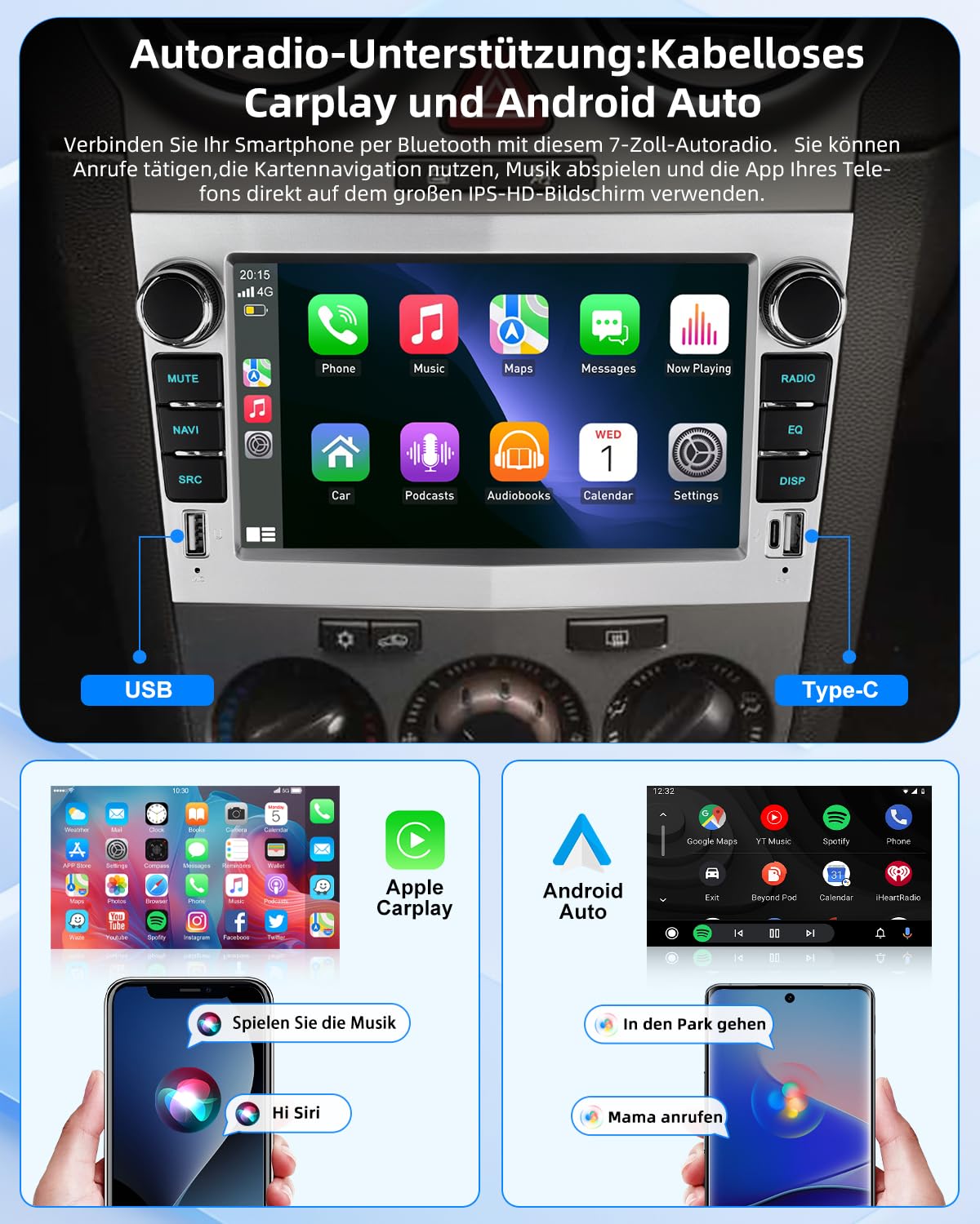 ESSGOO 4+64G Wireless Autoradio Android 14 mit Carplay und Android Auto Für Opel Corsa C/D Zafira B Astra G H 7 Zoll IPS Touchscreen Bluetooth FM RDS GPS Silber