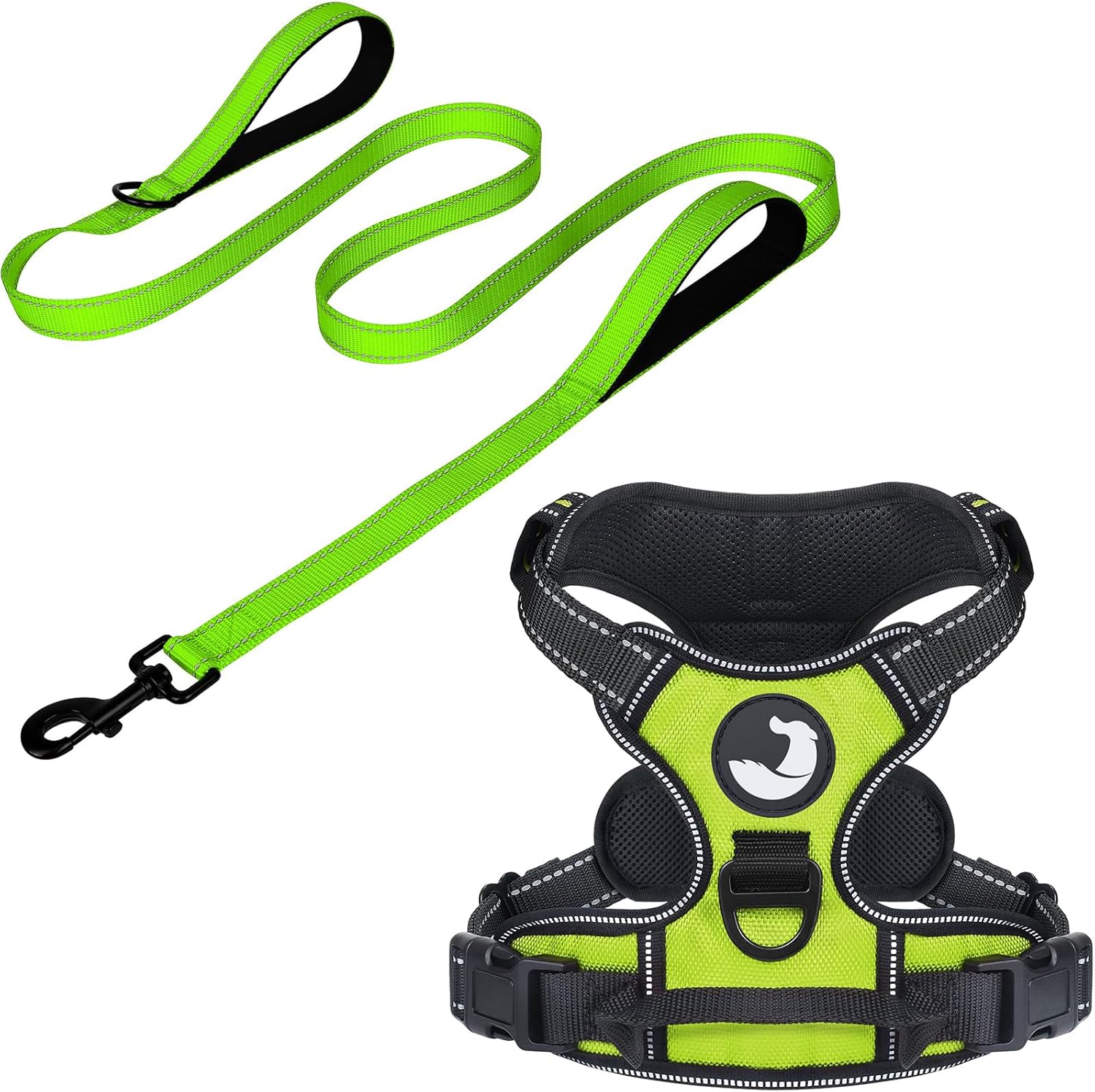 6FT Double Handle Dog Leash for Training and Dog Harness (Chest: 17-34"), Reflective Leashes for Medium Dogs and Adjustable Soft No Pull Harness (Green,L)