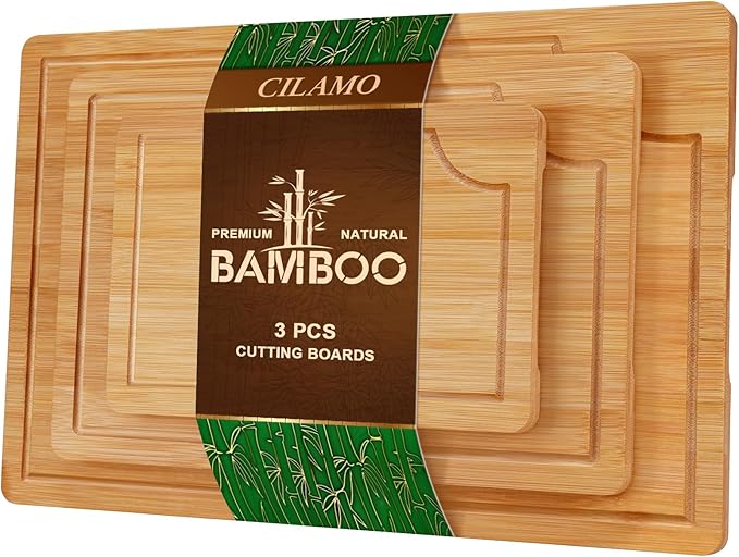 Bamboo Cutting Board [Set of 3], Wooden Cutting Boards for Kitchen, Wood Cutting Boards with Deep Juice Groove & Side Handles,Charcuterie Board for Meat, Ideal for Meal Prep and Chopping
