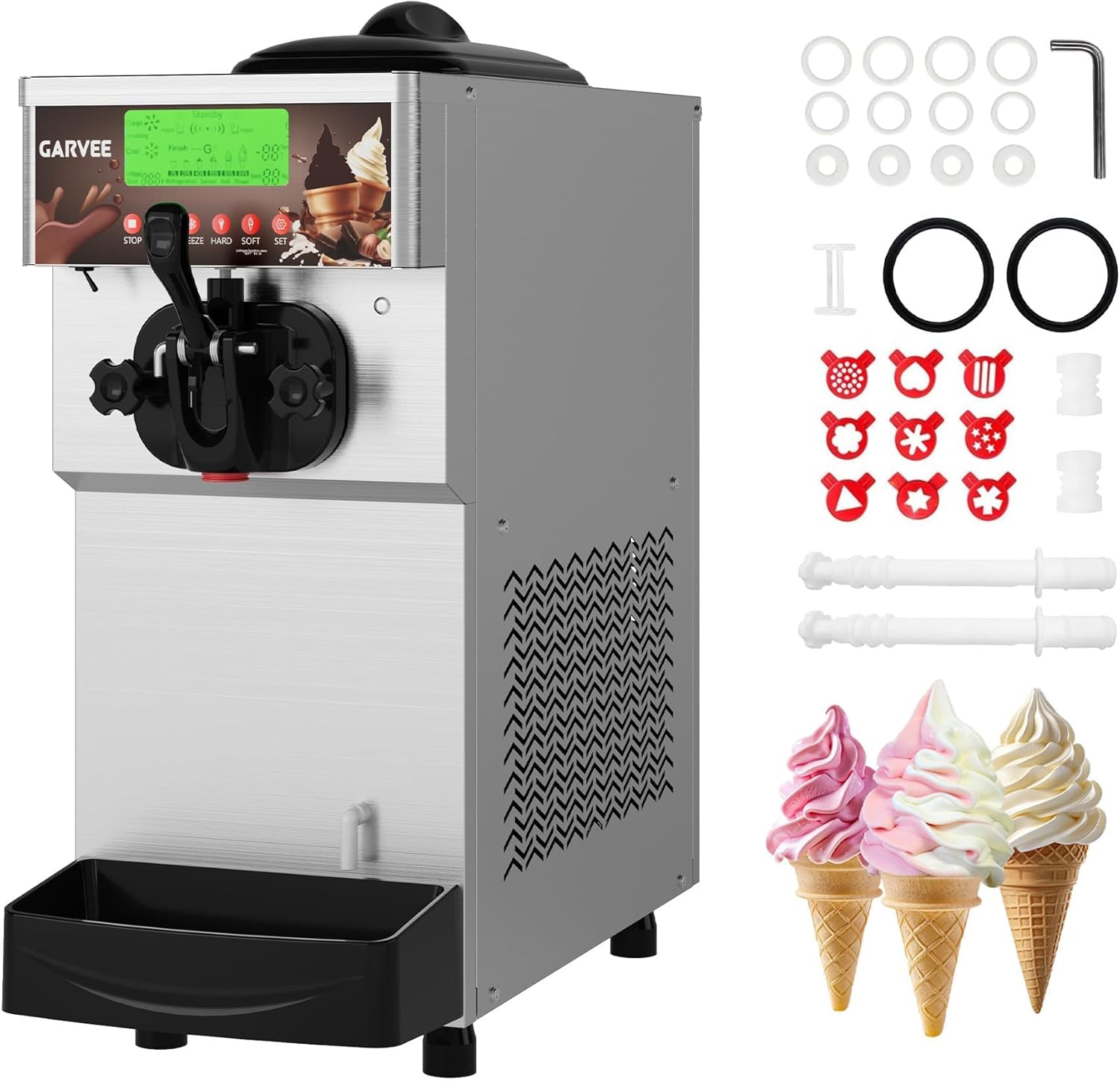 Single-Flavor Soft Serve Ice Cream Maker, 2.8-5.3 gal/hr Commercial Machine, Self-Cleaning, LCD, Custom Mix Hopper, High Output for Restaurants, Cafés, Snack Shops Countertop Use
