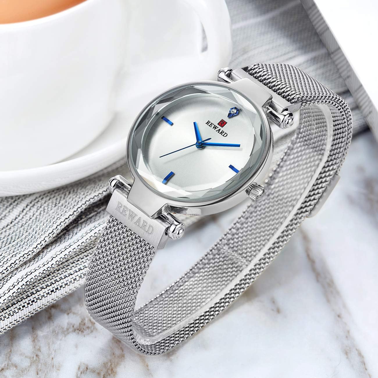 Reward Japanese Quartz Women Wrist Watch with Multilateral Glass Surface,Simple and Elegant,Fashion Gift for Girls,Waterproof,Stainless (SilverWhite) - Image 5