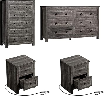 LUXOAK 4-Piece Farmhouse Bedroom Set with Dressers & Nightstands, Grey