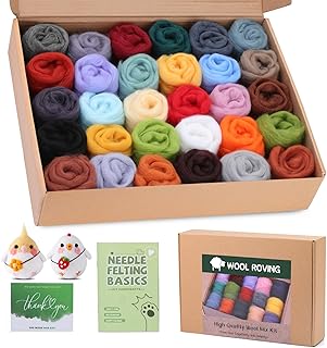 Reovin Lana de fieltro en 30 colores, fieltro de lana para fieltro, lana de fieltro aguja, juego de iniciación para principiantes con instrucciones, tarjeta de agradecimiento para fieltro con aguja y