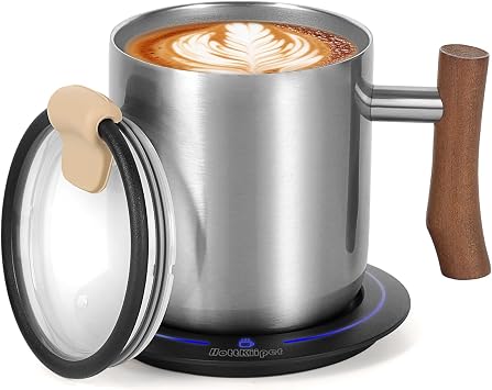 Gifts for Women Men, Heated Coffee Mug Up to 149F, Ideal Gifts for Christmas, Birthday, Mothers Day, Fathers Day or Any Occasion 14oz Silver