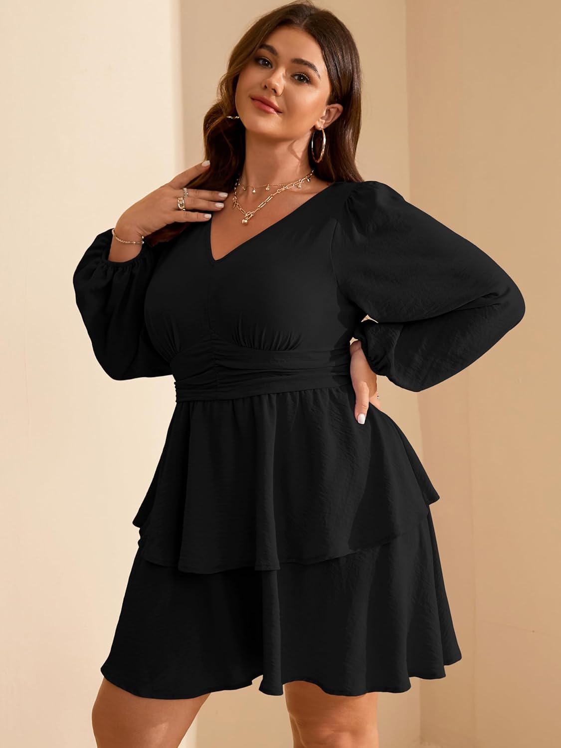 RWJ Plus Size Dresses for Curvy Women V Neck Long Sleeve Elastic Waist Fall Wedding Guest Layer Casual Mini Dress - Image 2