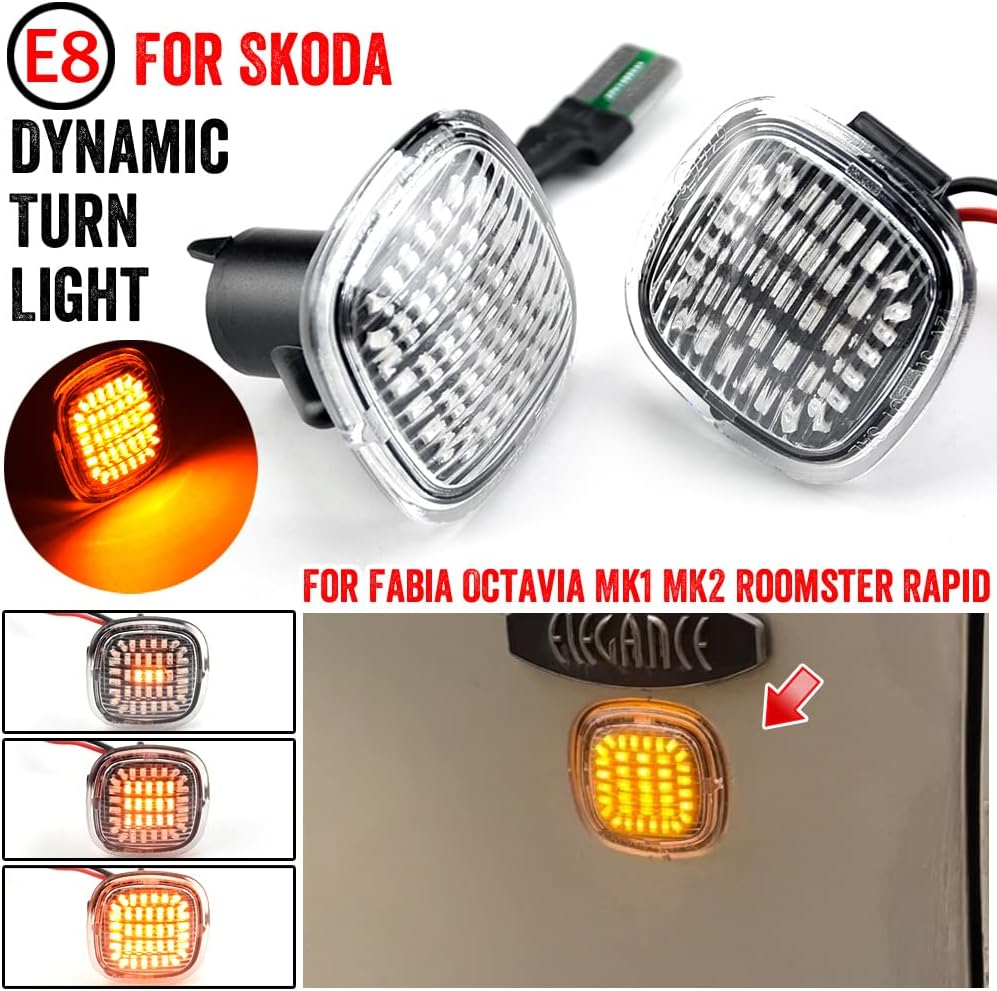 QKLsudua 2pcs Dynamic Sequential LED Side Fender Marker Light Lamp Indicator Compatible with Sko-da Fa-bia Oc-tavia Mk1 Mk2 Roomster Rapid NH3-Crystal white