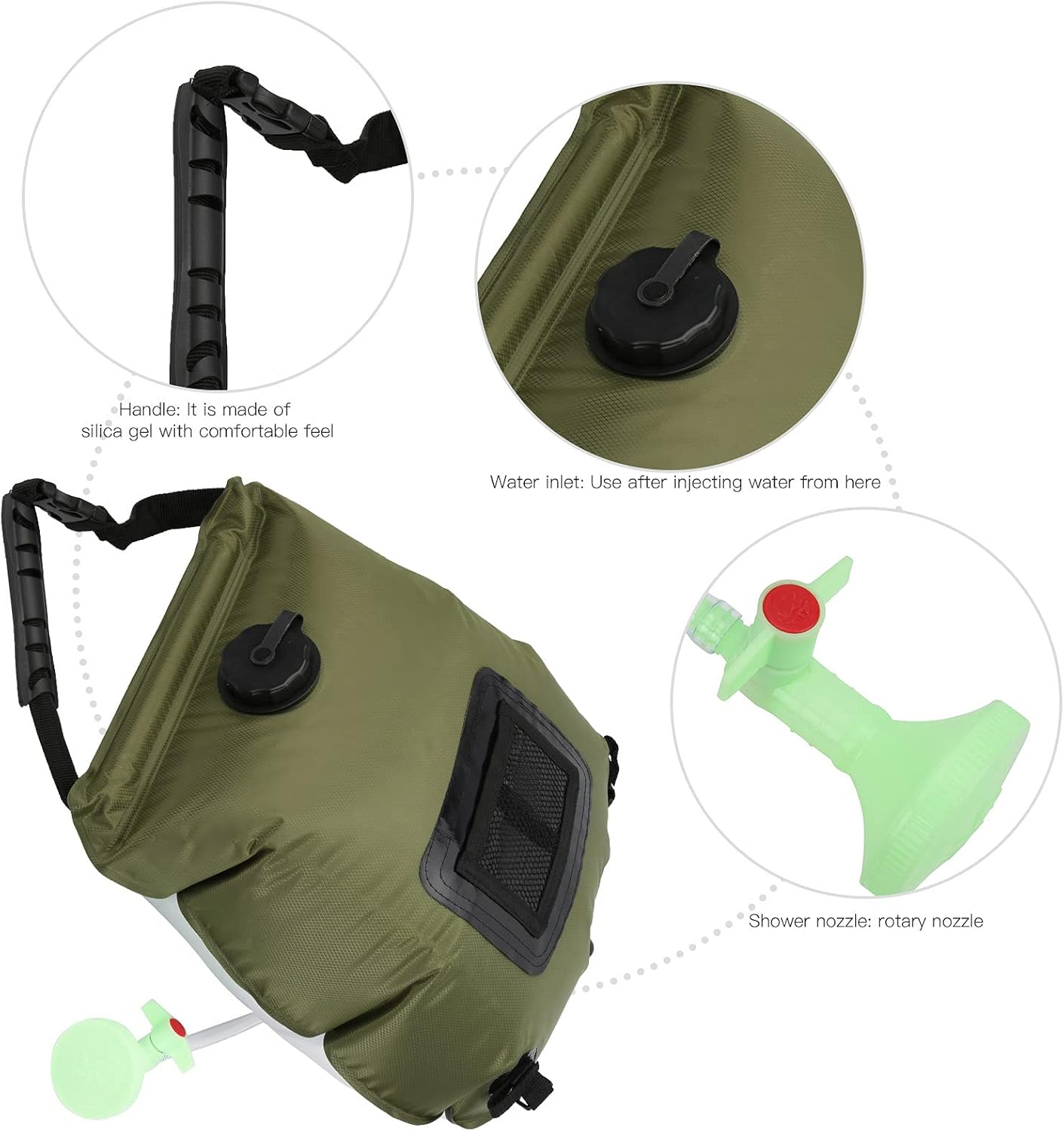 Outdoor Solar Heated Shower Bath Bag, Portable Water Storage Bags for Shower, 20 Liter Camping Shower Bag Kit with Thermomete, Storage Mesh Bag, Handle, Hose and Shower Nozzle