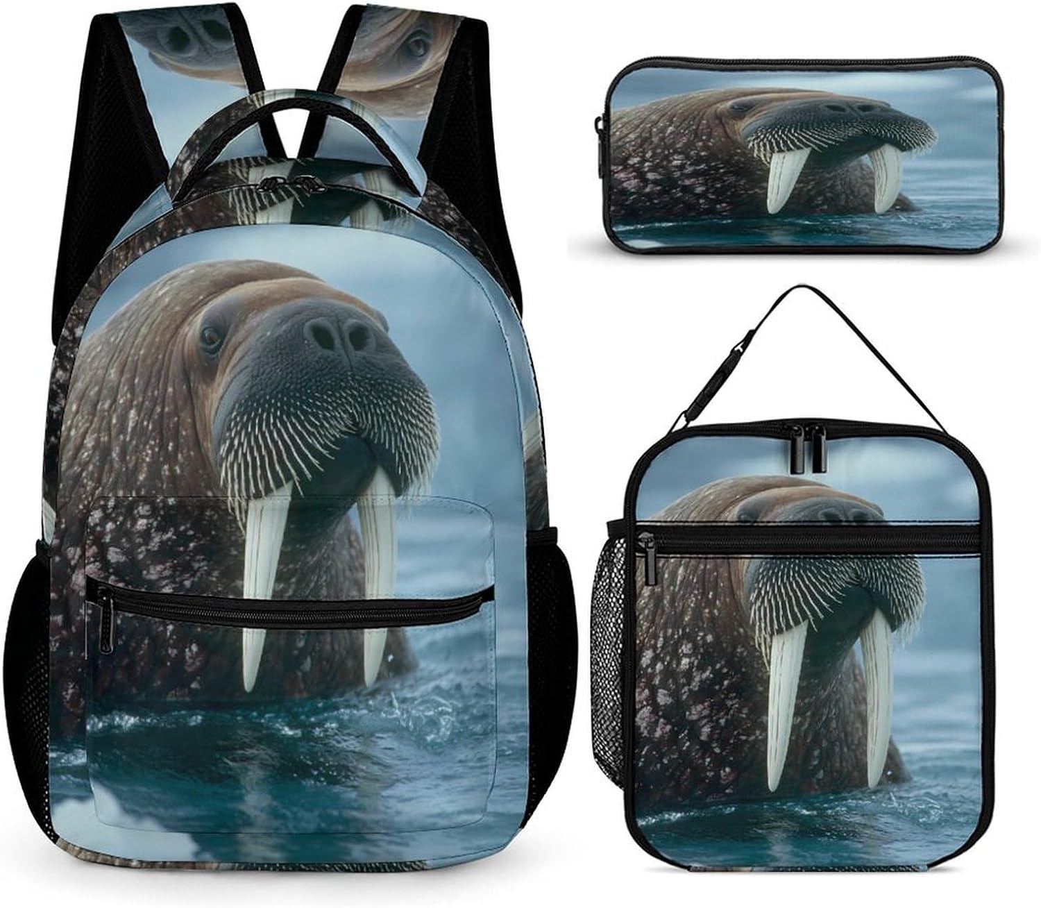 Walrus Animal Funny Backpack 3 Piece Set Daypack with Lunch Bag And Pencil Case for Outside Activities Travel
