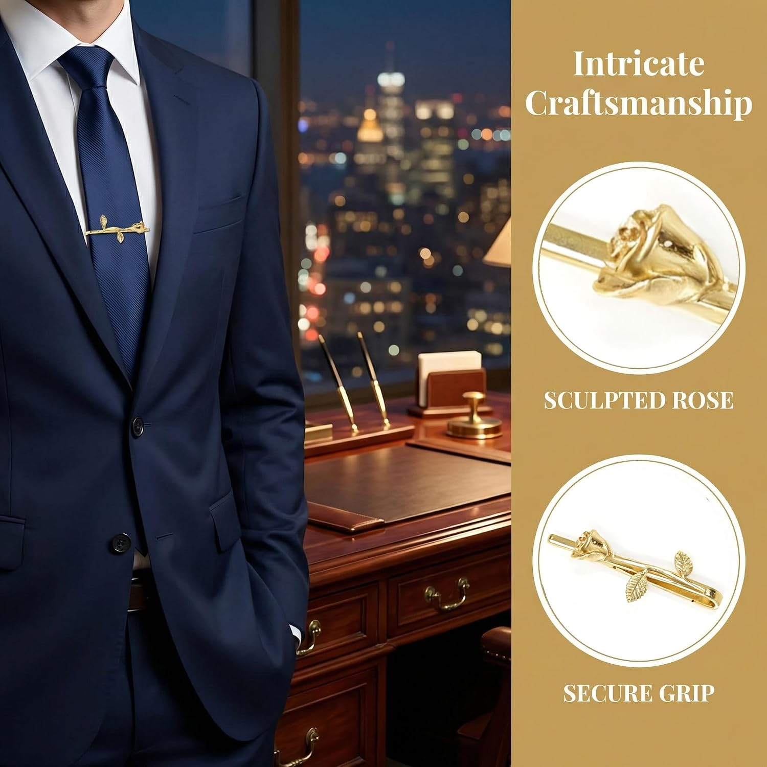 2 Inch Gold Tie Clip for Men Unique Bar Clips Rose Special Necktie Pin Accessories Classic Mens Wedding Tiebar Formal Suit Clips for Men Groom