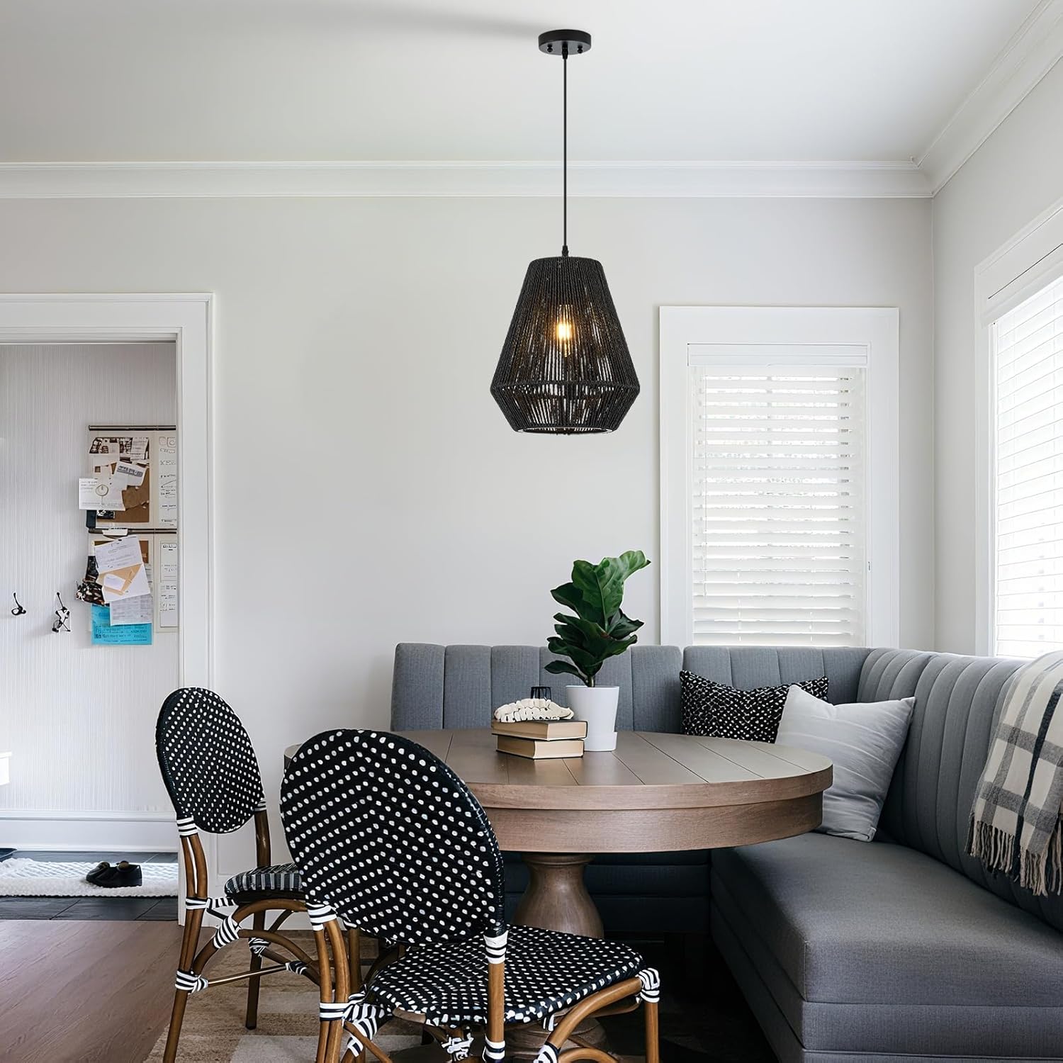 13” Boho Hand Woven Rattan Mini Chandelier Matte Black Classic Pendant Light for Kitchen Island Dining Room Hallway, UL Listed