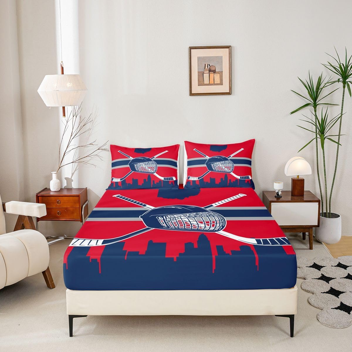 Erosebridal Boys Hockey Fitted Sheet Queen,Ice Hockey Fans Bed Sheets for Fan,Ice Hockey Lovers Bed Set,Ball Bedding Set with 2 Pillowcases Deep Pockets,Blue Red,No Top Sheet