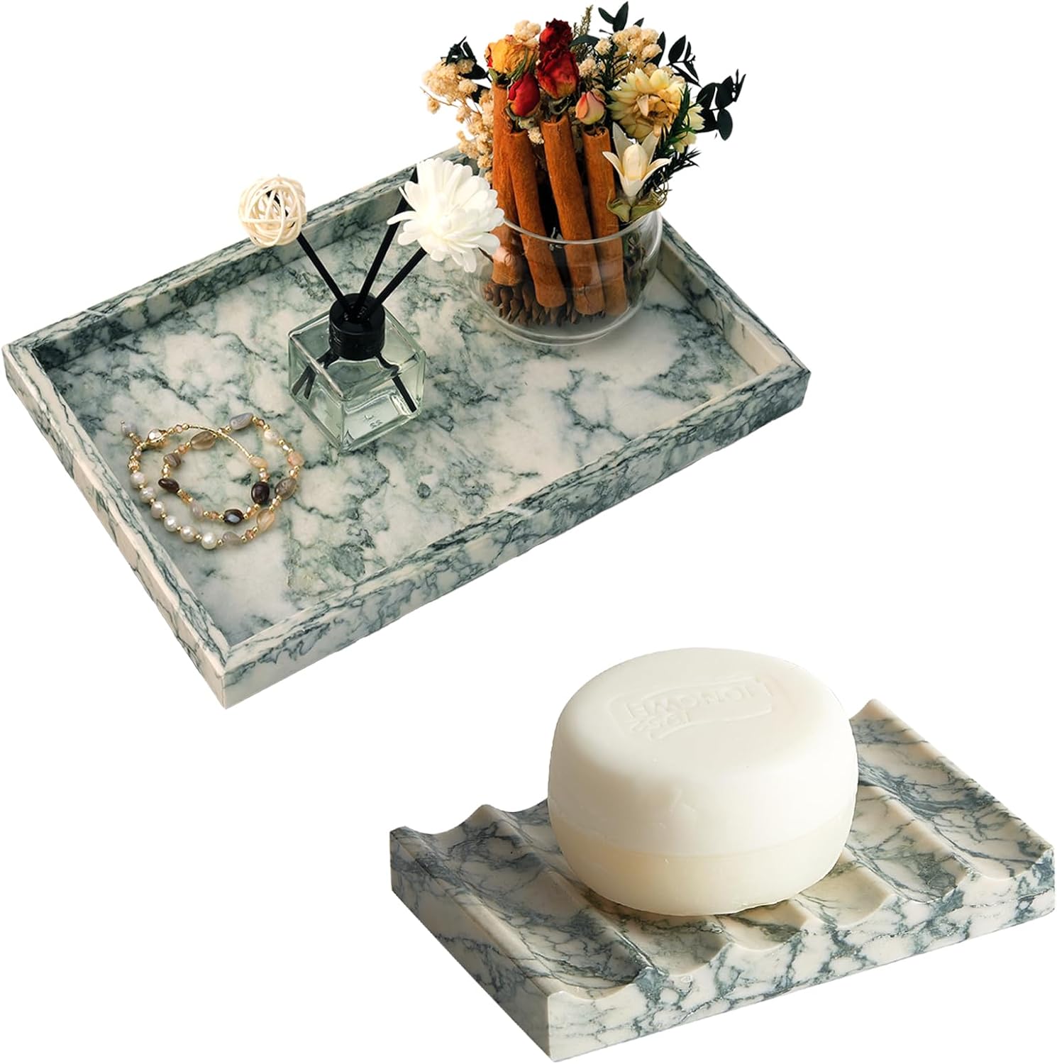 Marble Tray & Soap Dish Set, 2-Piece Bathroom and Vanity Organization, Elegant Marble Bath Accessories for Modern Home Decor, Soap Holder and Tray for Sink Countertop