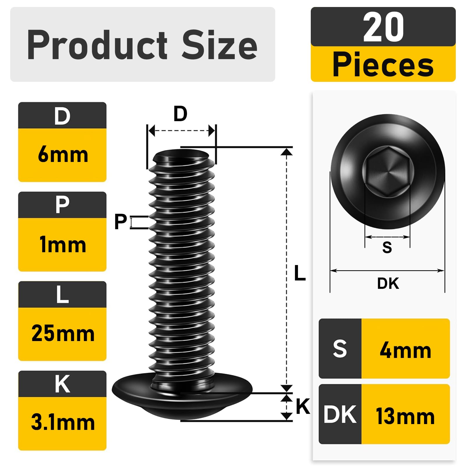 Valorada M6 Bolts, M6 x 25mm Flanged Button Head Screws Allen Socket Bolts Stainless Steel 304 Black Finish with Hex Spanner Pack of 20 - Image 2