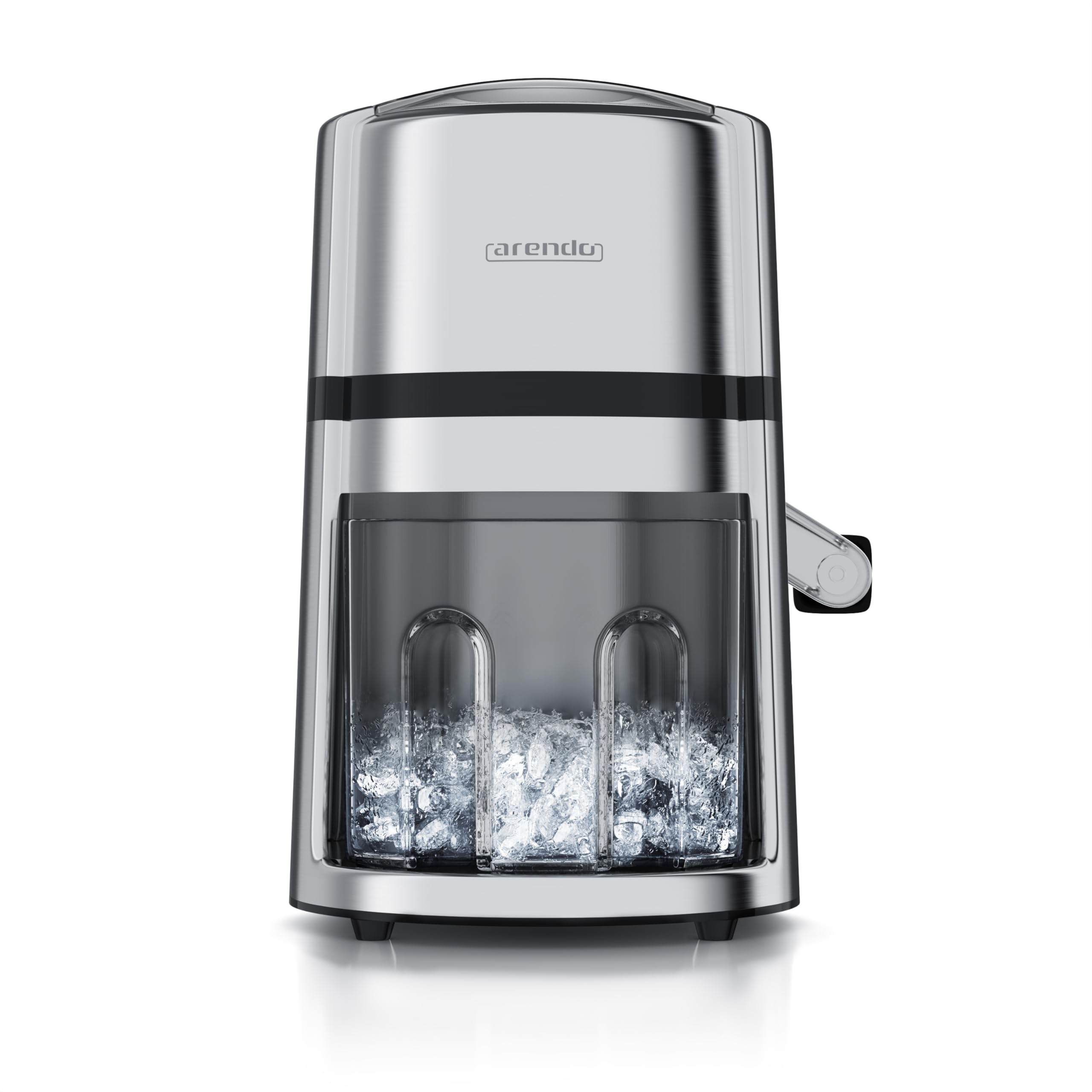 Arendo - Eismaschine Edelstahl - Ice Crusher manuell – Eiszerkleinerer – Eiscrusher zum Kühlen und Frischhalten – Slushy Maker Eis Zerkleinerer – Auffangbehälter entnehmbar – Chrom Optik