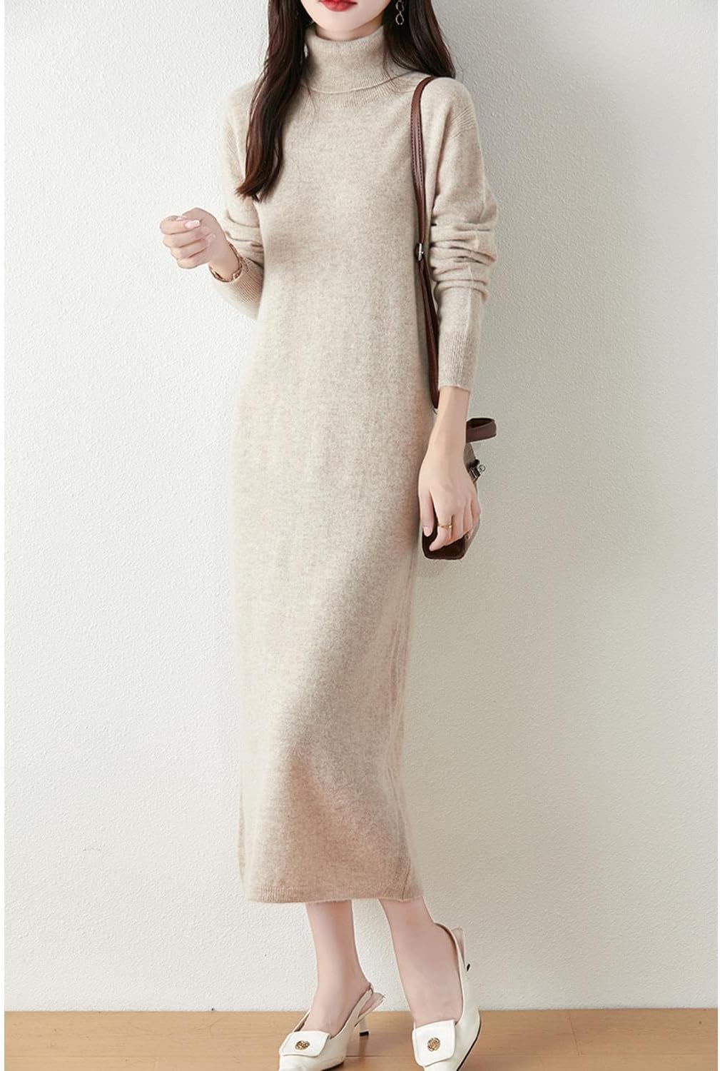 Long Sweater Women's Dress Knitted Turtleneck Long Sleeve 100% Merino Wool Pullover Winter Warm Tops