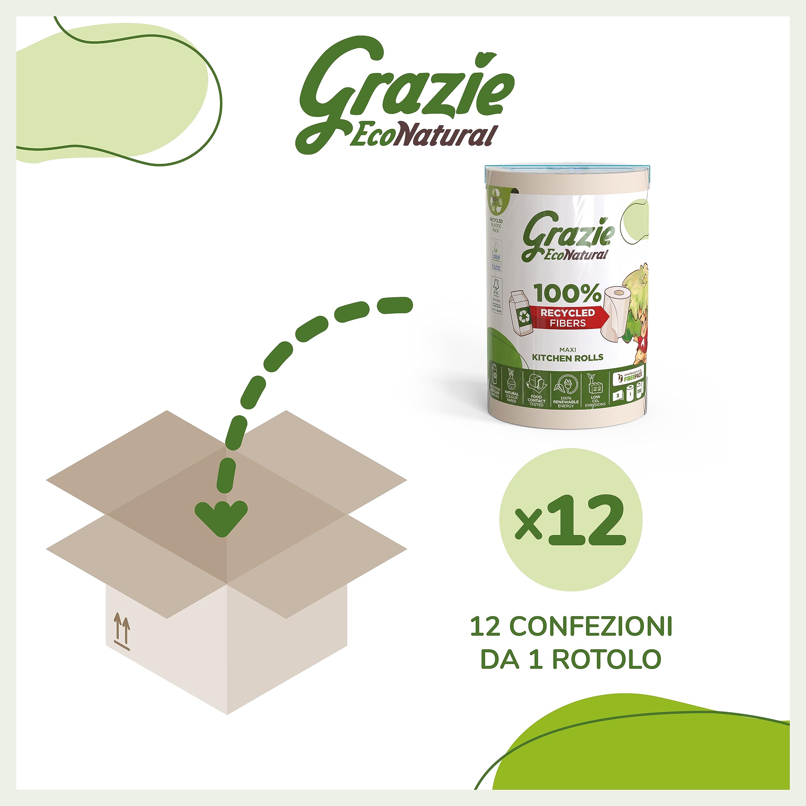 Grazie Natural, Asciugatutto Monorotolo, 12 Rotoli, Bobina di Carta Assorbente Realizzata con Carta 100% Riciclata Fiberpack, Certificata Ecolabel e FSC Recycled, Made in Italy