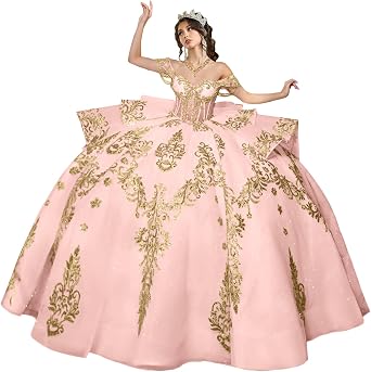 Mouccy Glitter Gold Appliques Quinceanera Dresses with Tassels