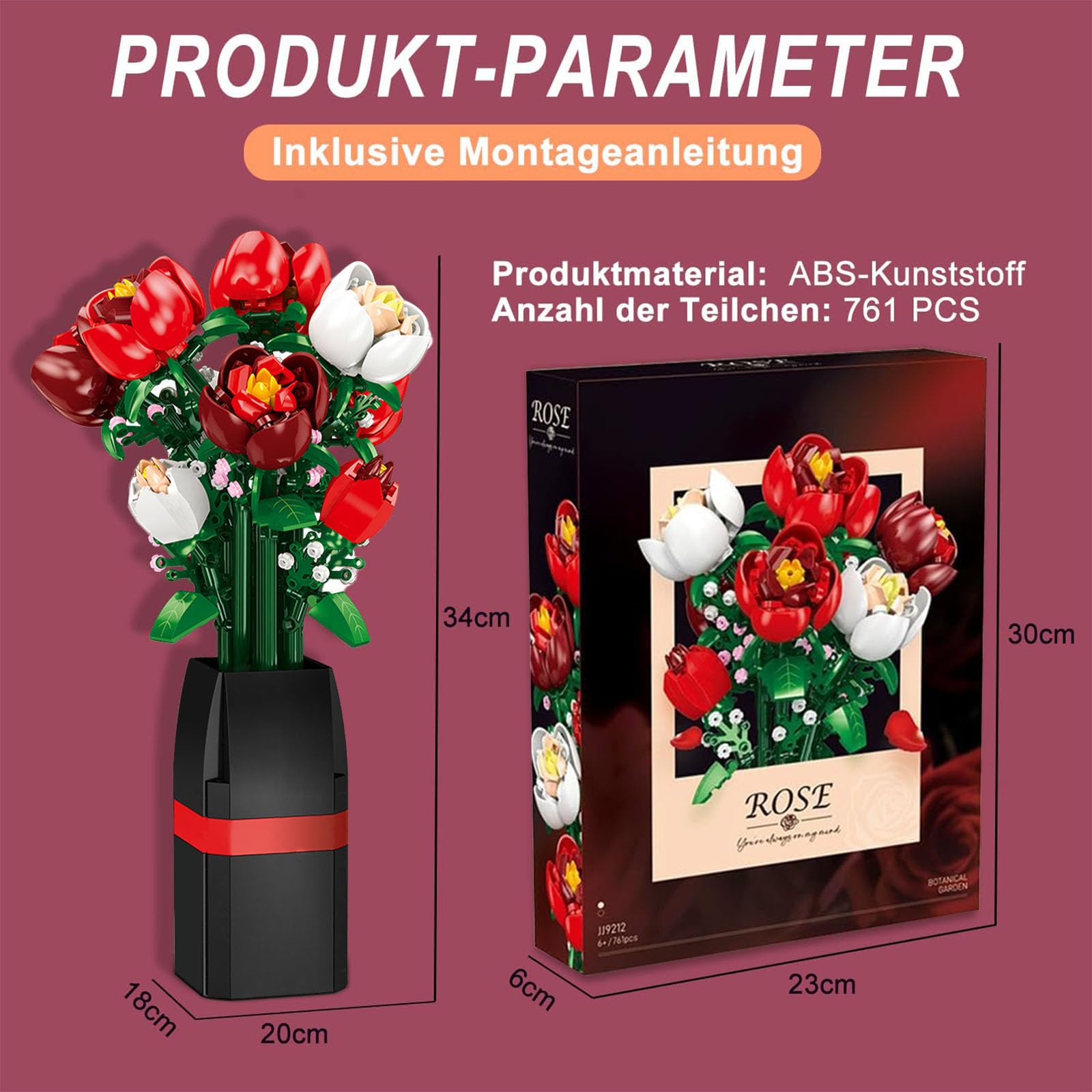 Kit Construction Bouquet De Fleurs Avec Vase – 841 Pièces, Roses Et Marguerites, Cadeau Saint-Valentin Ou Décoration