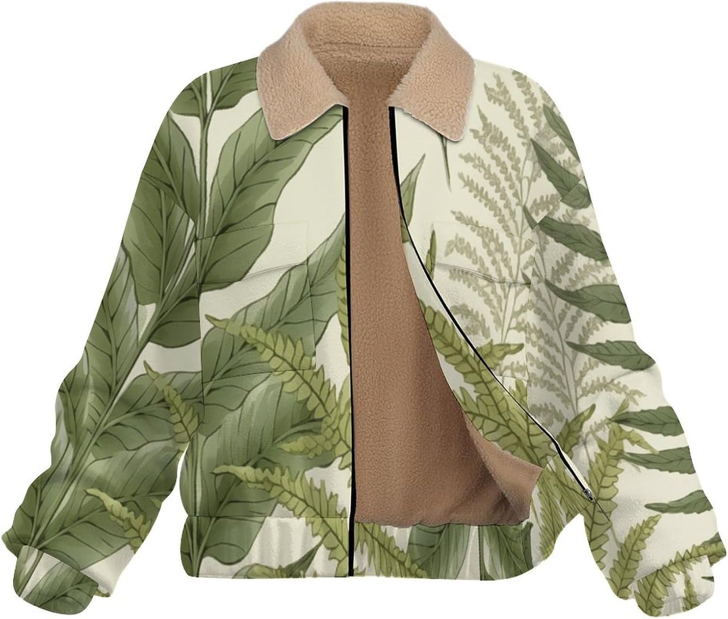 Women Winter Sherpa Lined Fleece Jacket, Long Sleeve Zip Up Ferns Cropped Coats Warm Soft Polar Outwear